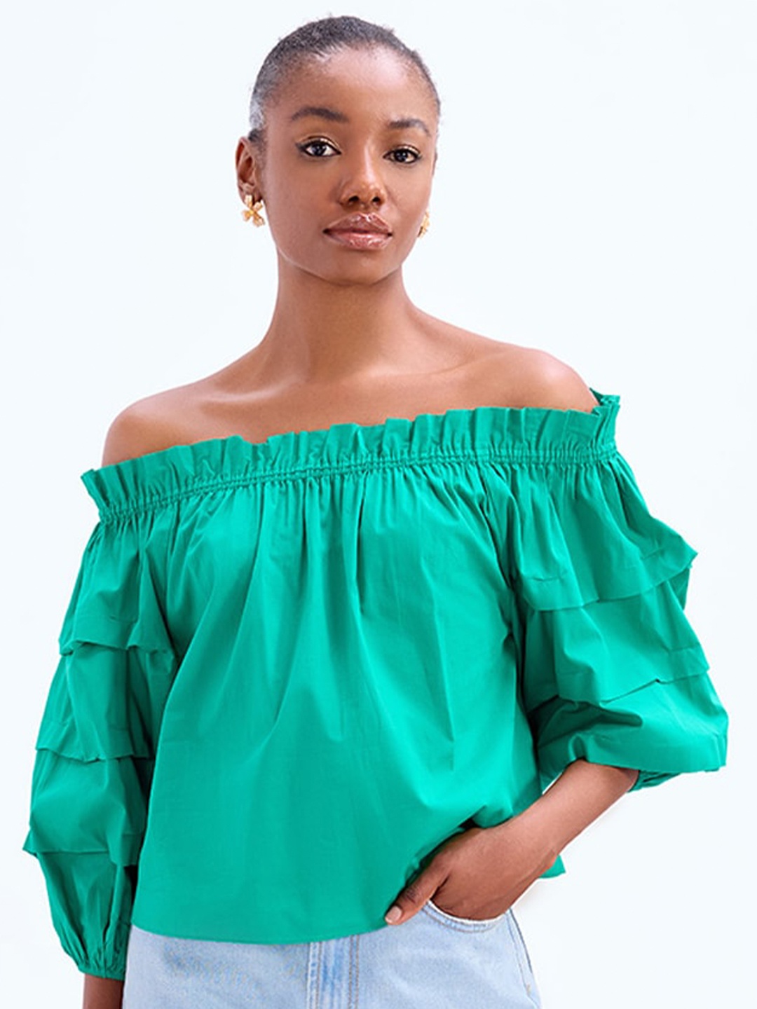 

COVER STORY Off-Shoulder Puff Sleeve Cotton Bardot Top, Green