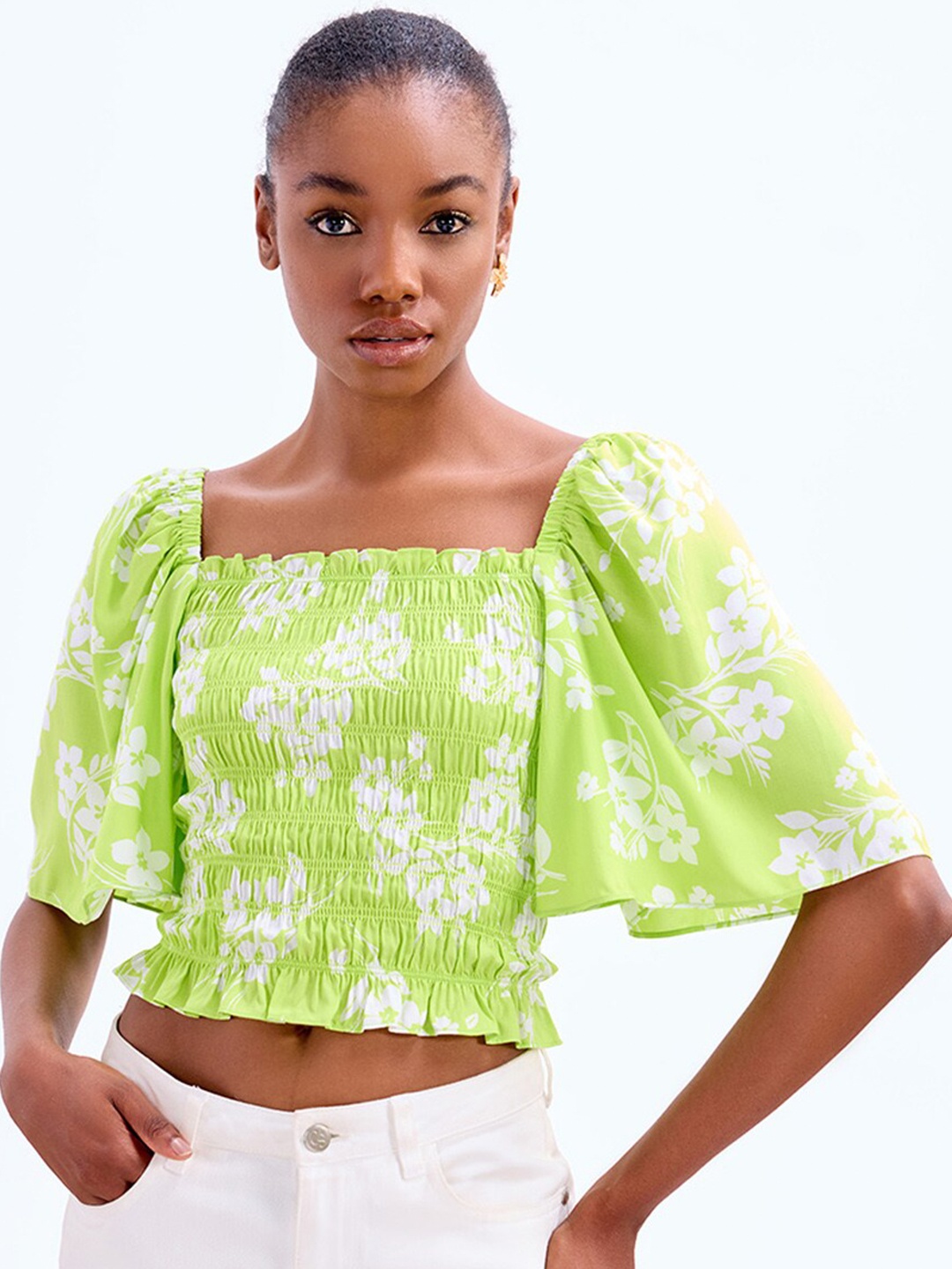 

COVER STORY Floral Printed Square Neck Flared Sleeves Modal Crop Top, Lime green