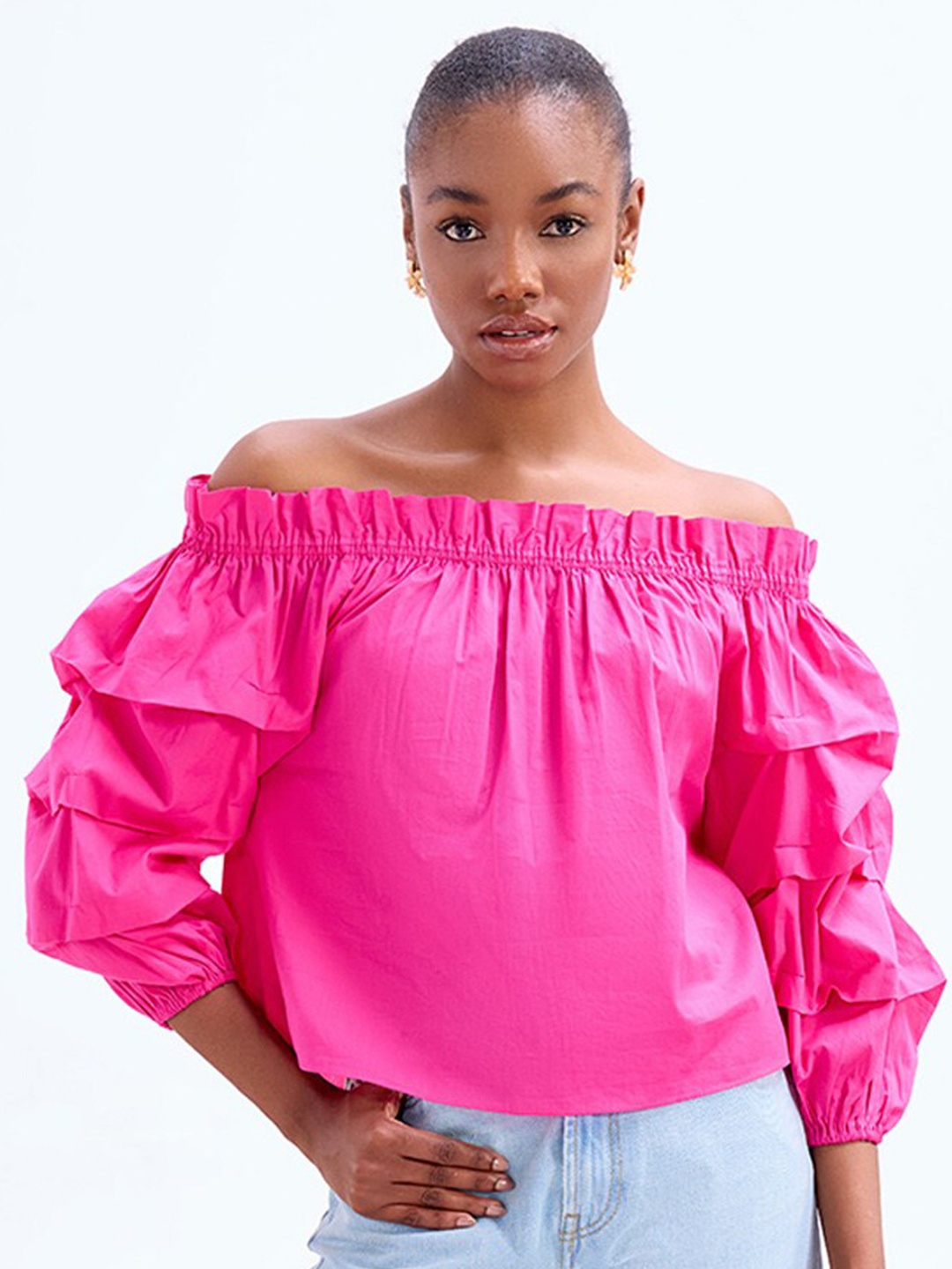 

COVER STORY Off-Shoulder Puff Sleeve Cotton Bardot Top, Fuchsia