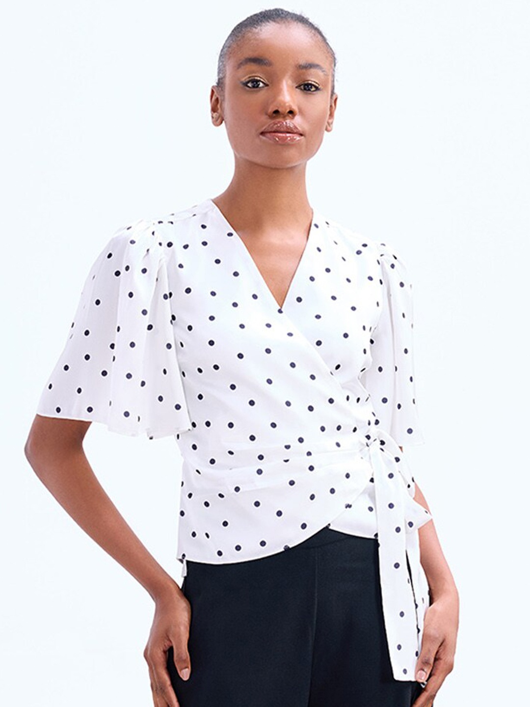 

COVER STORY Polka Dot Print V-Neck Flared Sleeve Satin Wrap Top, Off white
