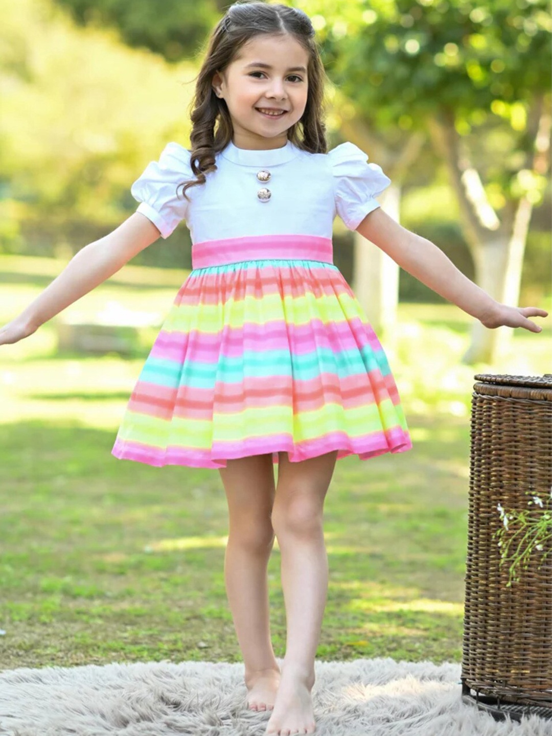 

THE PONY & PEONY CO. Girls Striped Puff Sleeve Cotton Fit & Flare Dress, White