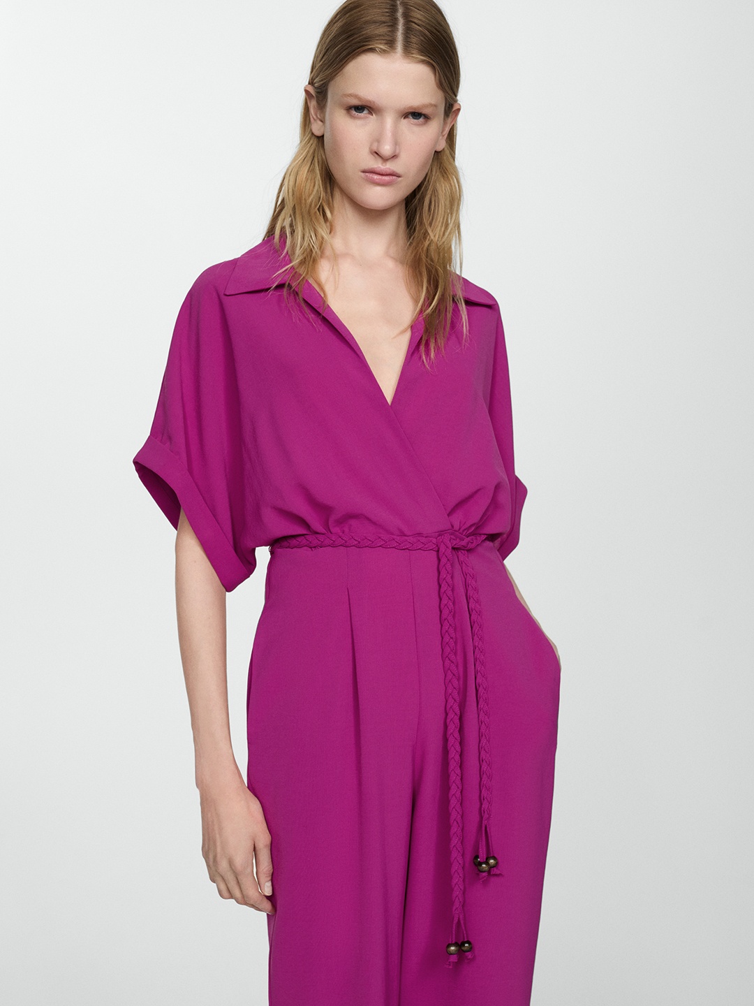 

MANGO Shirt Collar Extended Sleeves Basic Jumpsuit, Pink