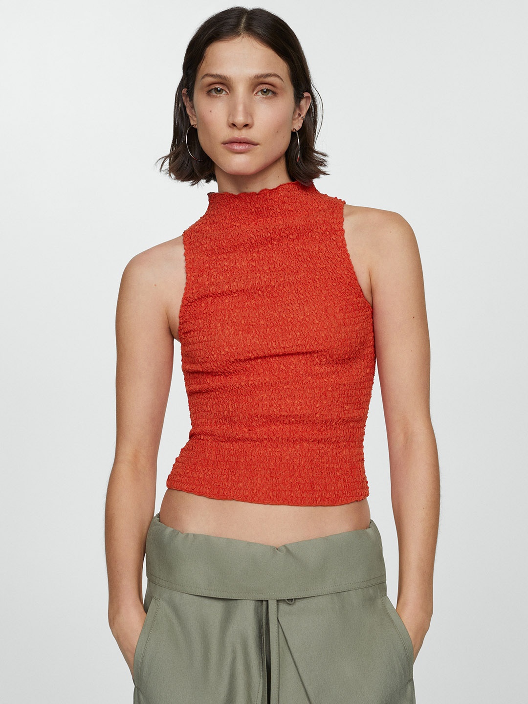 

MANGO Ruched Dobby Weave Crop Top, Red