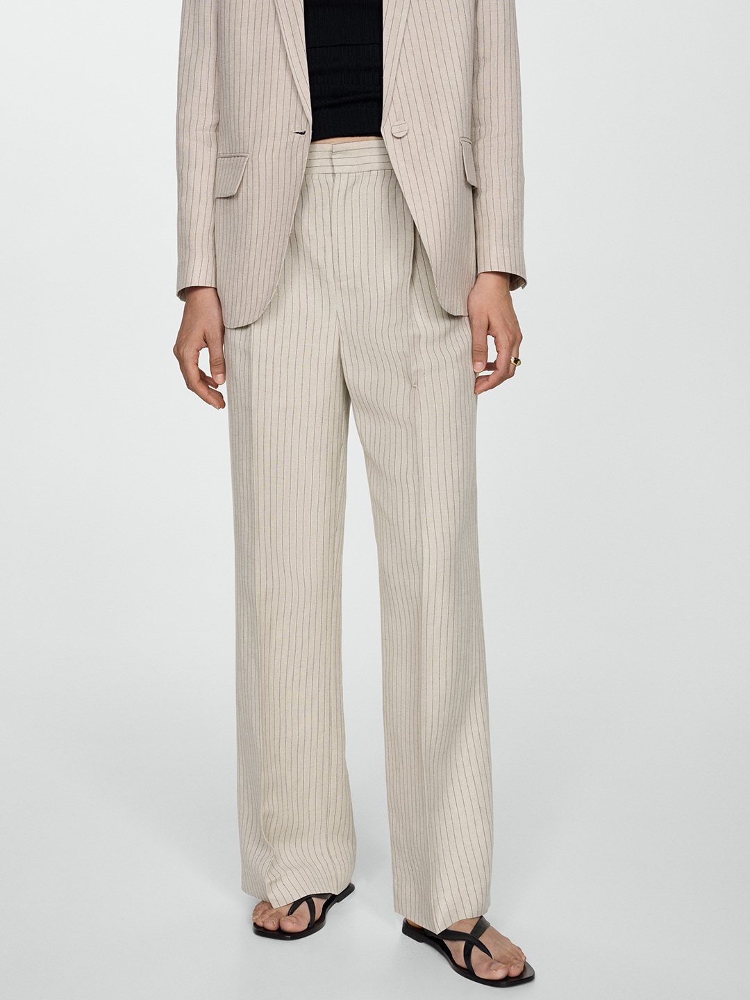 

MANGO Women Striped Straight Fit Trousers, Beige