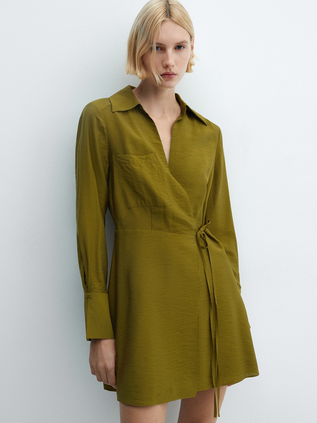 

MANGO Shirt Collar Mini Wrap Dress, Green