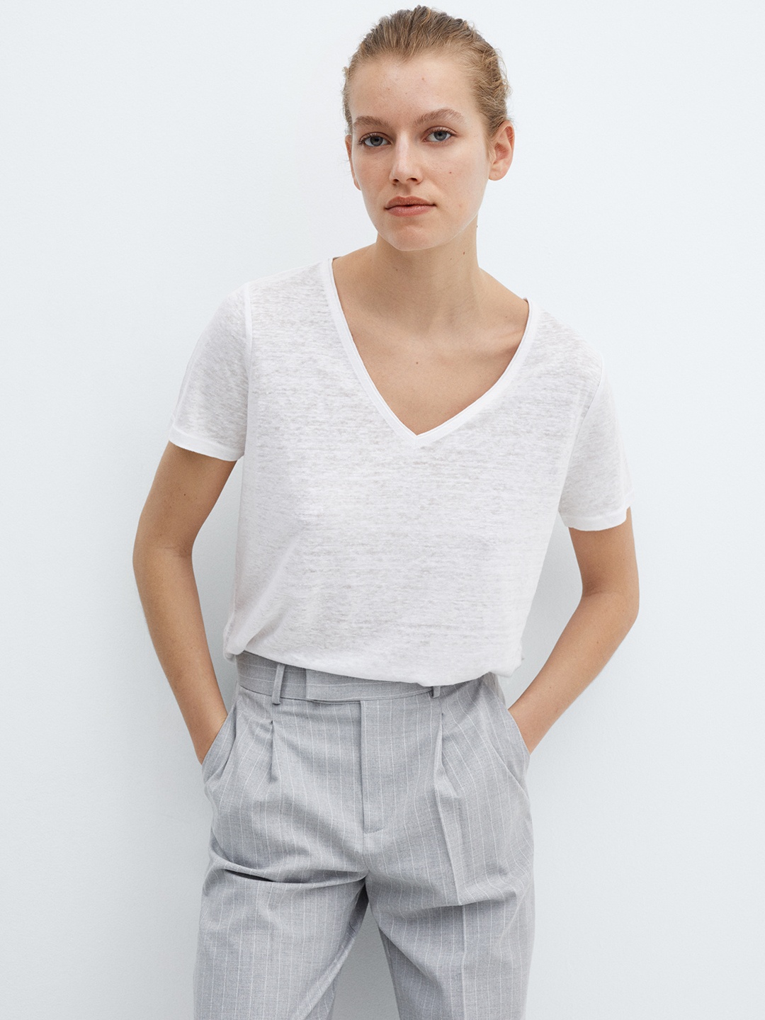 

MANGO V-Neck Linen T-shirt, White