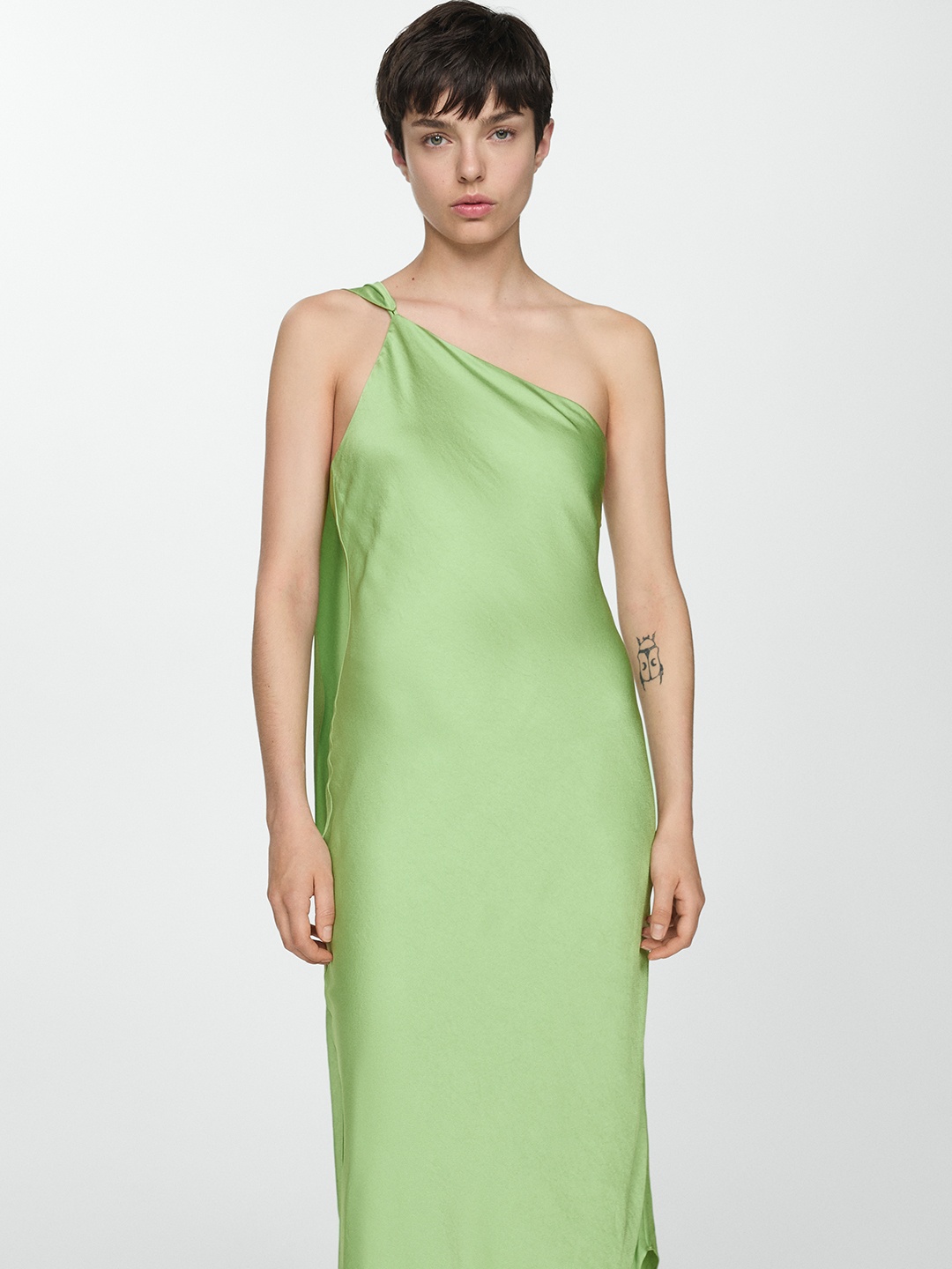 

MANGO One Shoulder Satin Finish Sheath Maxi Dress, Green