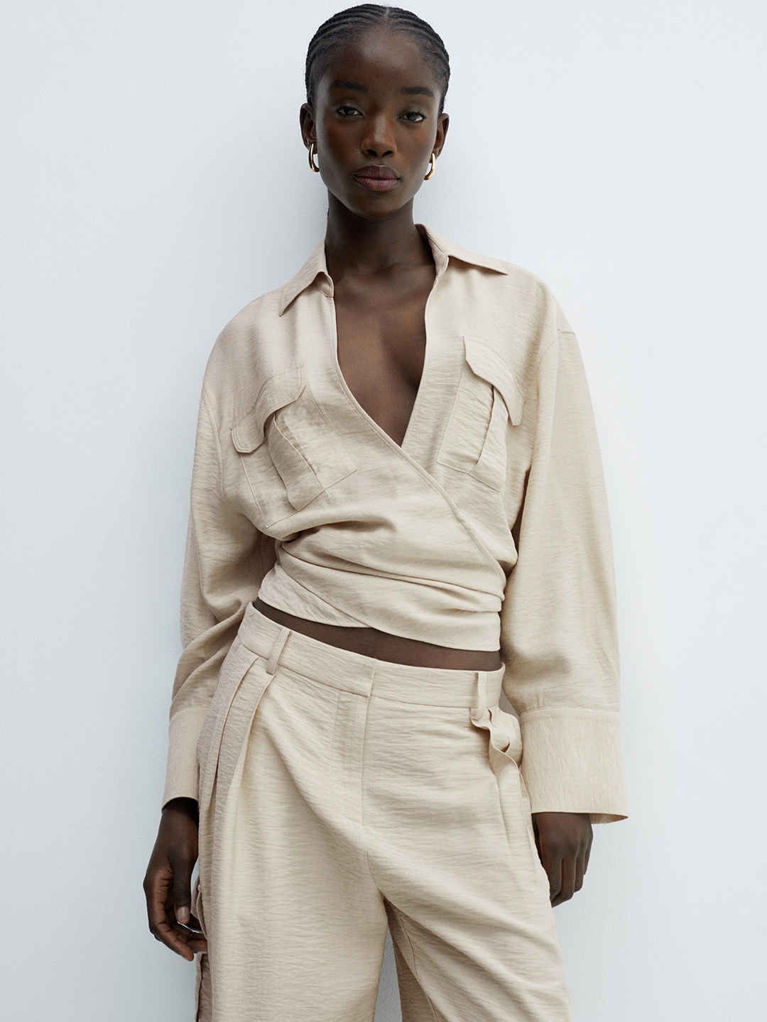 

MANGO Shirt Style Top with Flap Pockets, Beige