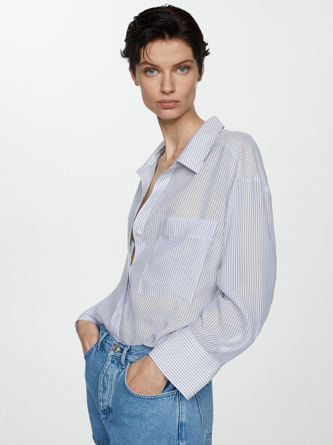 

MANGO Women Striped Casual Shirt, White