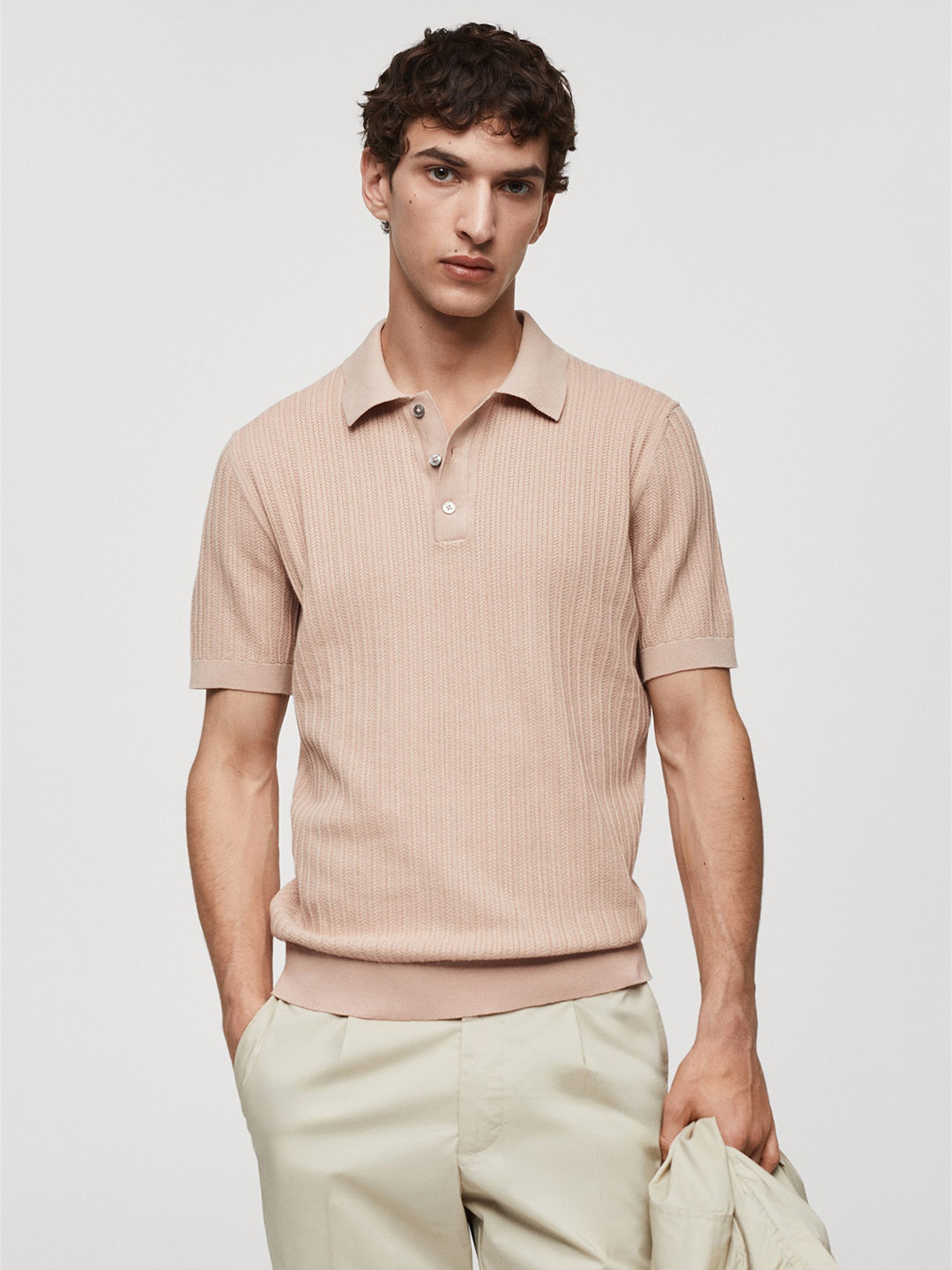 

MANGO MAN Self Deisgn Polo Collar T-shirt, Peach