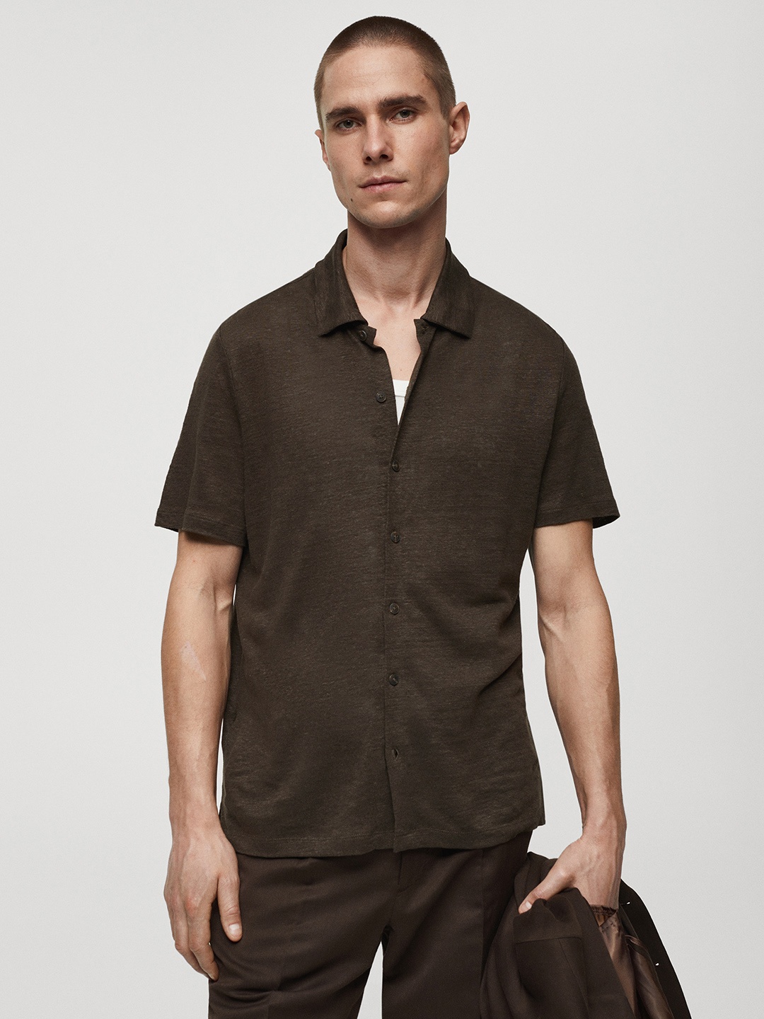 

MANGO MAN Linen Slim Fit Opaque Casual Shirt, Brown