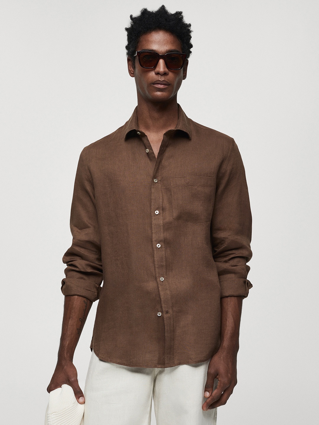 

MANGO MAN Pure Linen Casual Shirt, Brown