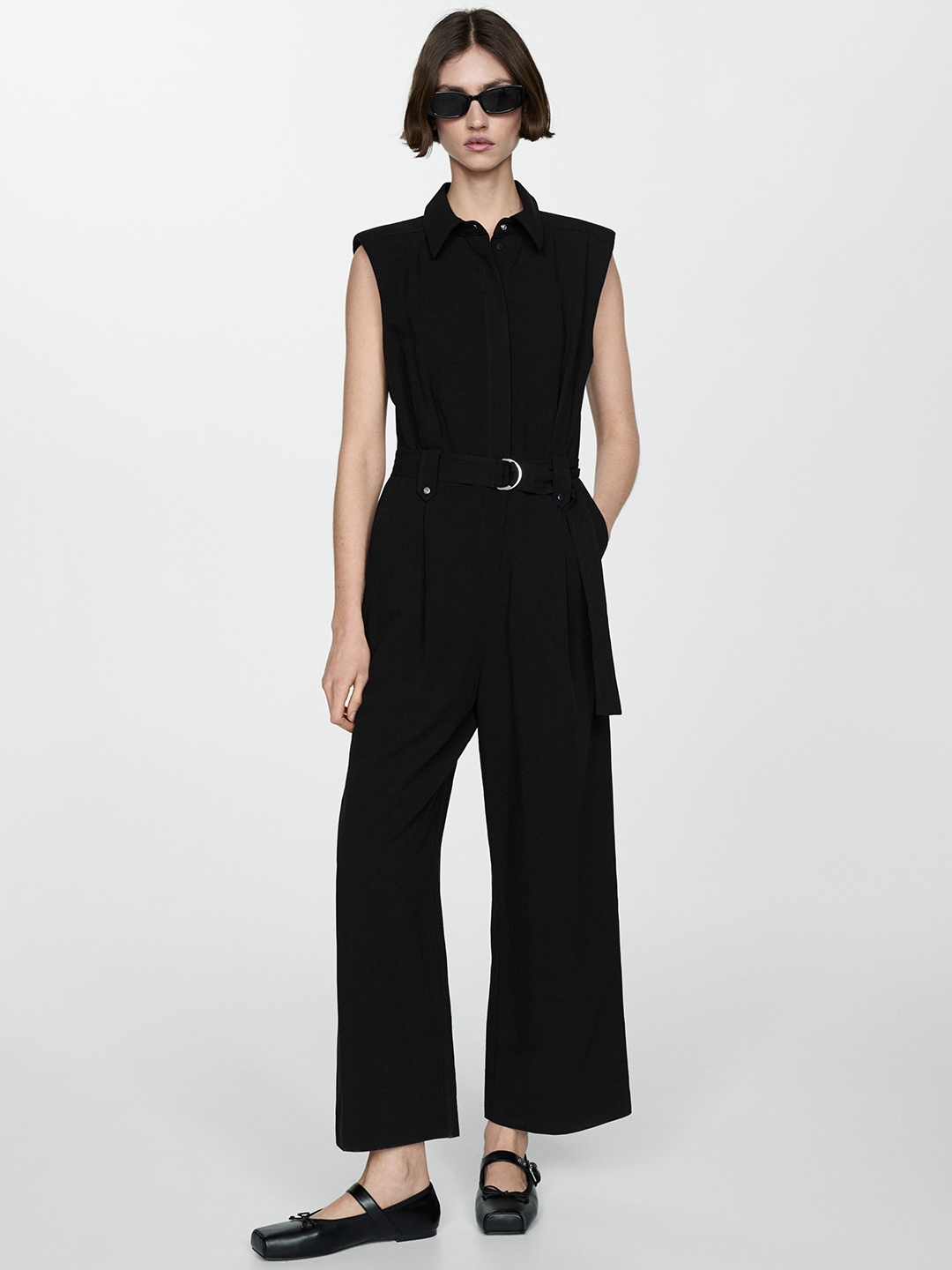 

MANGO Waist Tie-Up Shirt Collar Basic Jumpsuit, Black