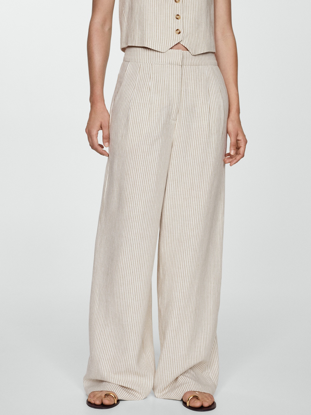 

MANGO Women Striped Wide Leg Trousers, Beige