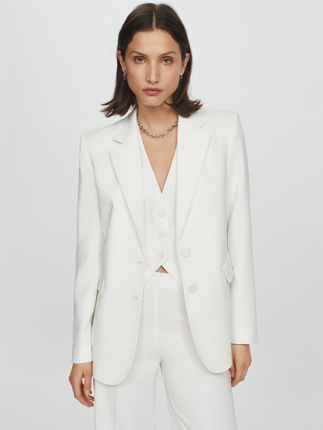 

MANGO Notched Lapel Collar Smart Casual Single-Breasted Blazer, White