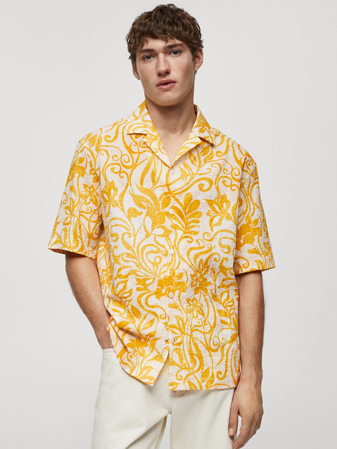 

MANGO MAN Floral Print Crinkled Shirt, Yellow