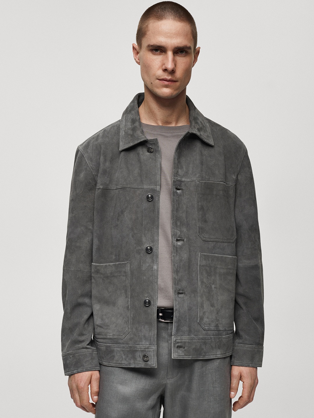 

MANGO MAN Suede Leather Jacket, Grey