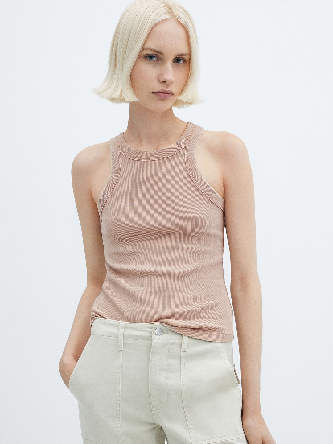 

MANGO Ribbed Tank Top, Beige