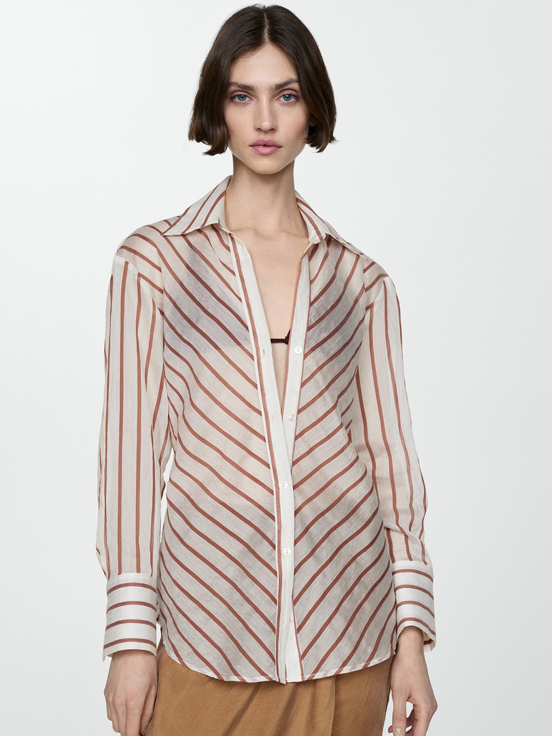 

MANGO Striped Semi-Sheer Casual Shirt, Brown