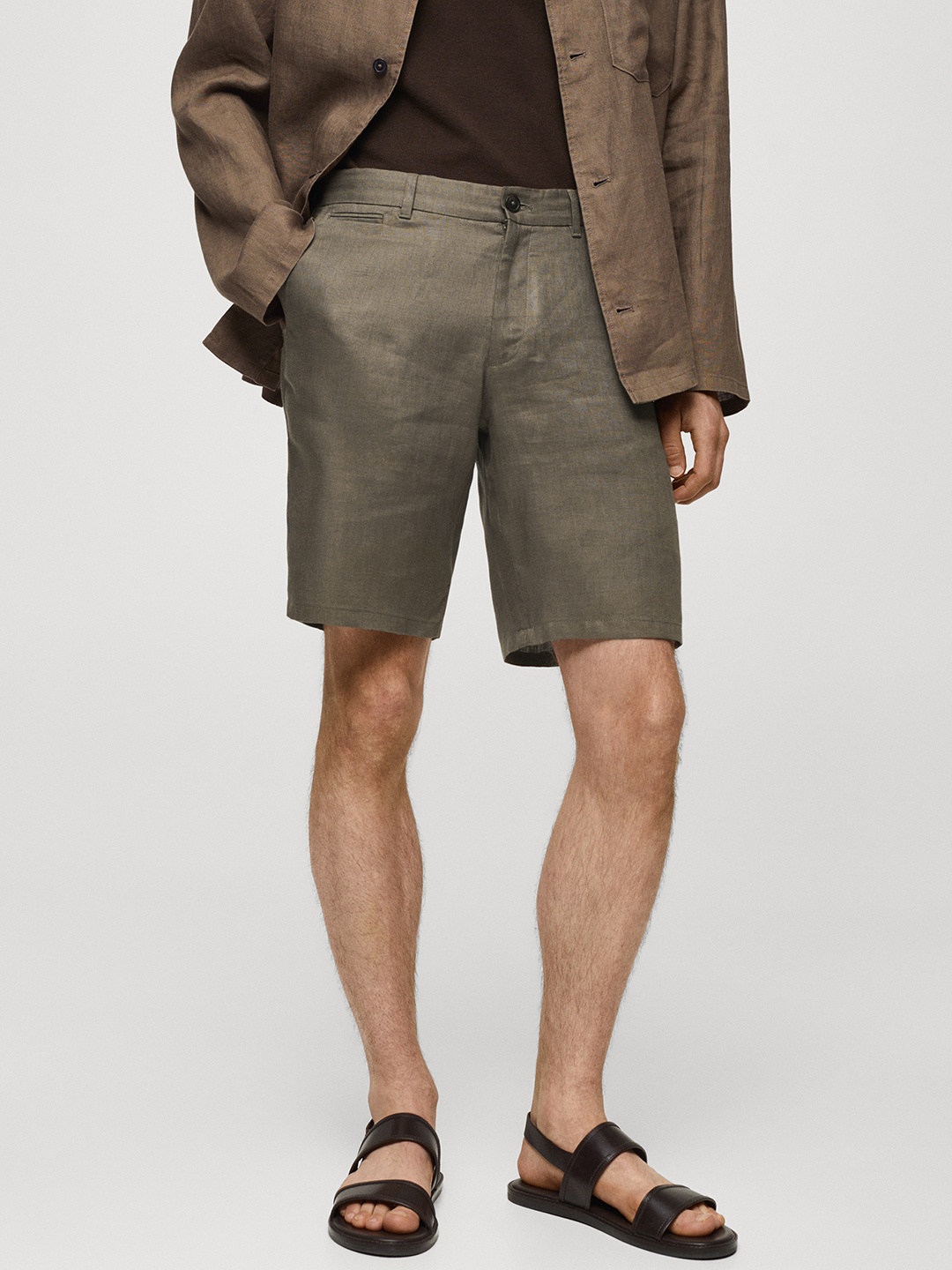 

MANGO MAN Slim Fit Linen Shorts, Olive
