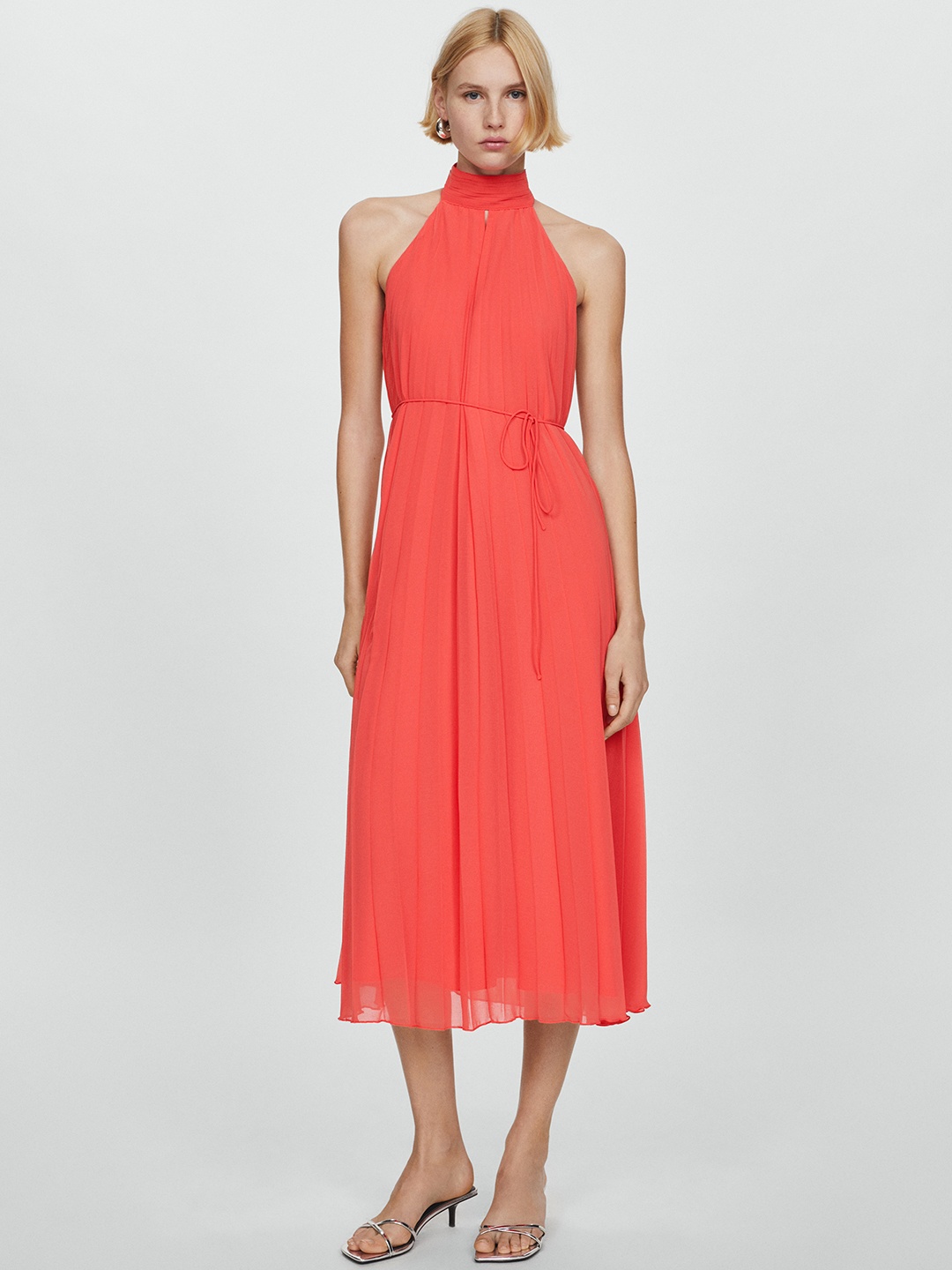MANGO Halter-Like Neck Accordion Pleated A-Line Midi Dress, Coral
