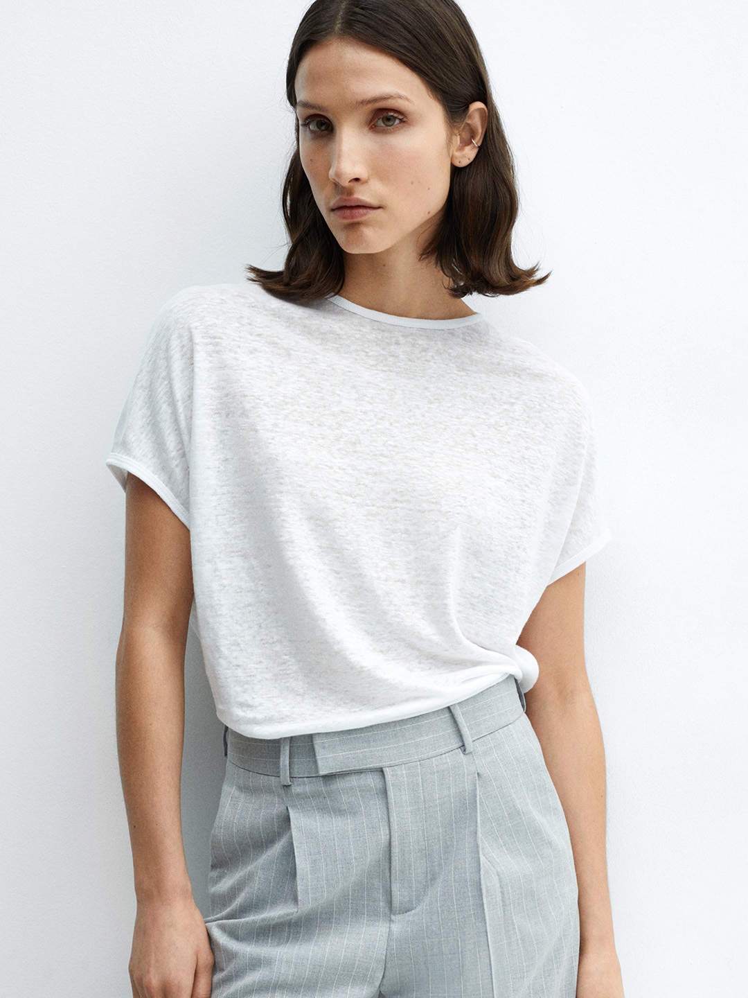 

MANGO Women Extended Sleeves Linen T-shirt, White