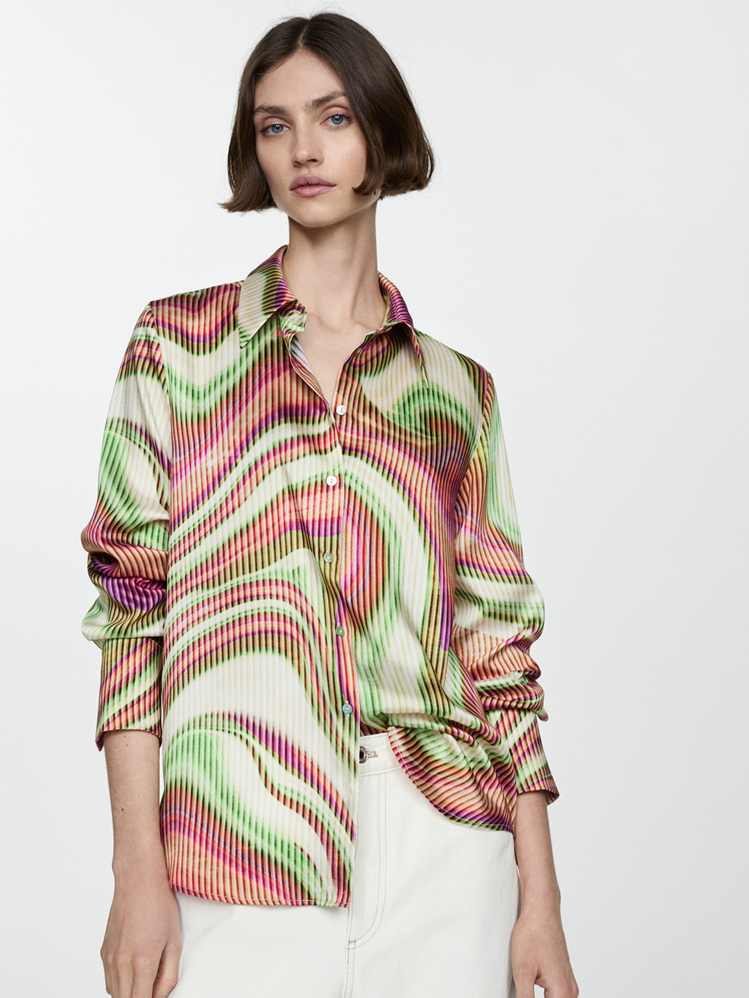 

MANGO Printed Spread Collar Satin Shirt, Multi