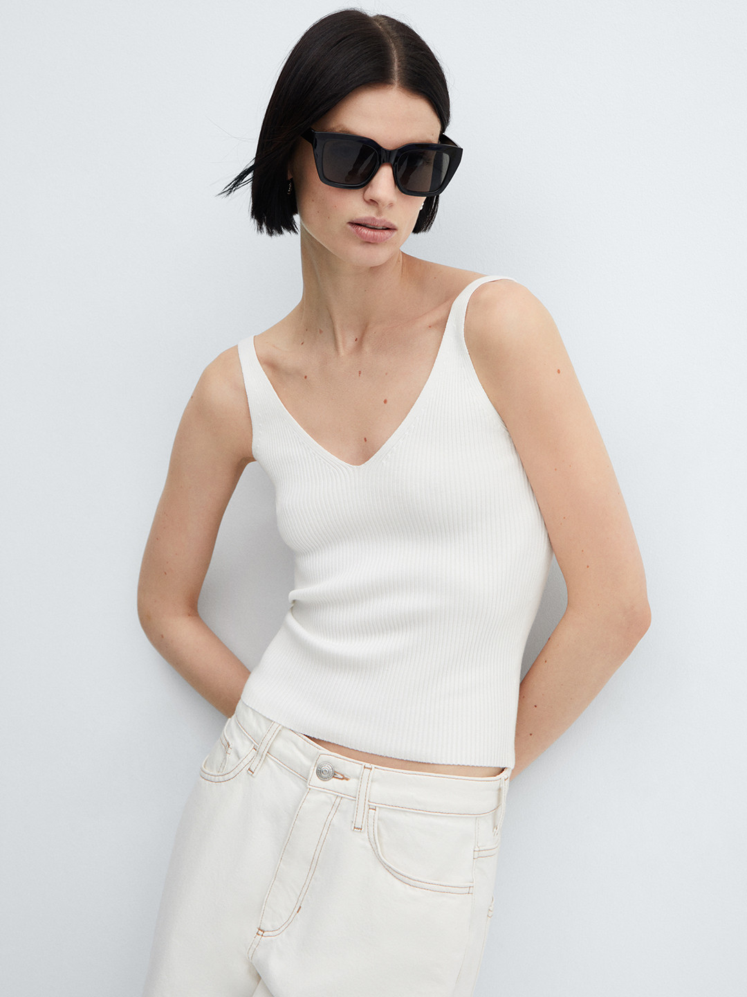 

MANGO Ribbed V-Neck Top, White