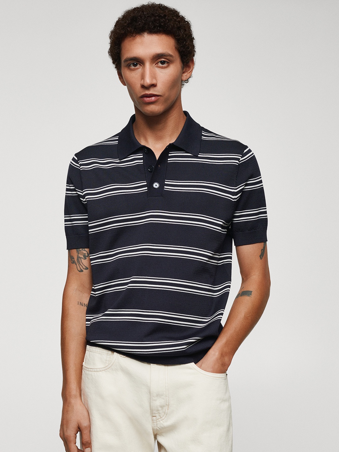 

MANGO MAN Striped Polo Collar T-shirt, Navy blue