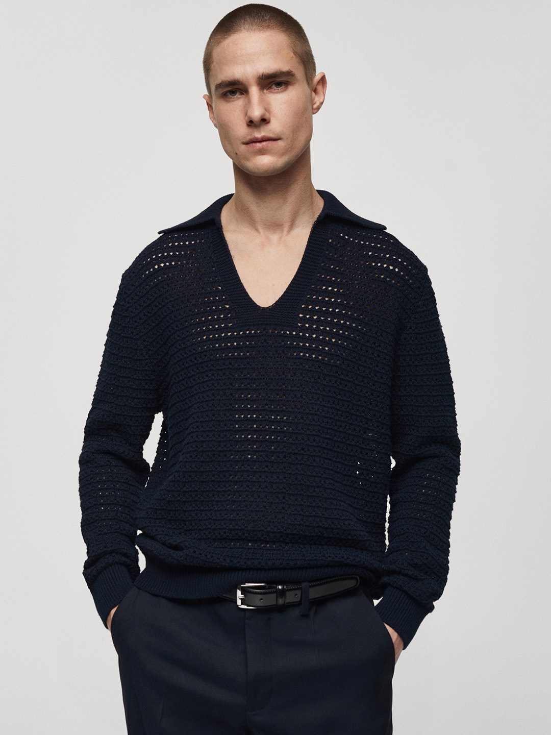 

MANGO MAN Open Knit Pullover, Navy blue