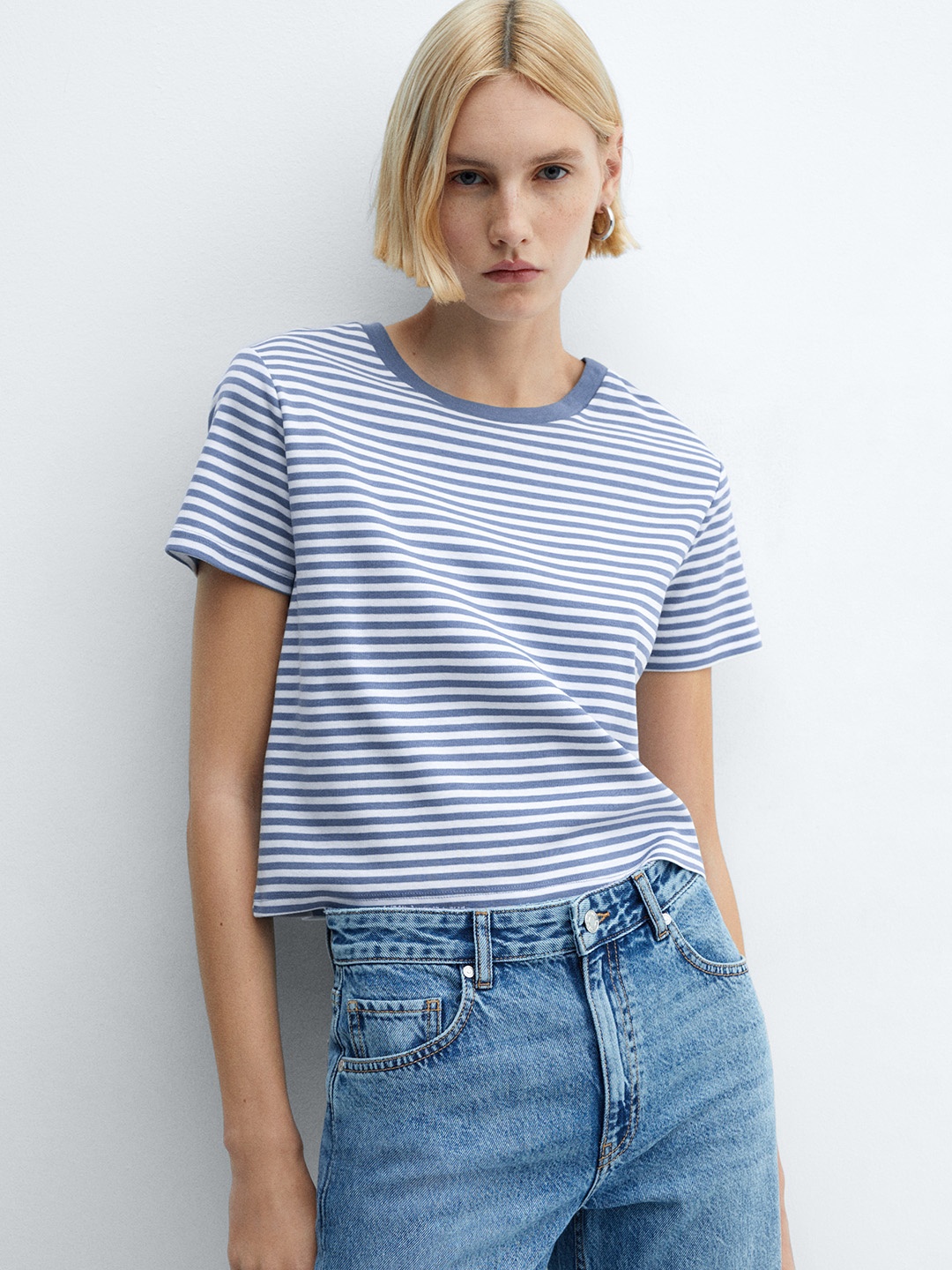 

MANGO Striped Pure Cotton T-shirt, Blue