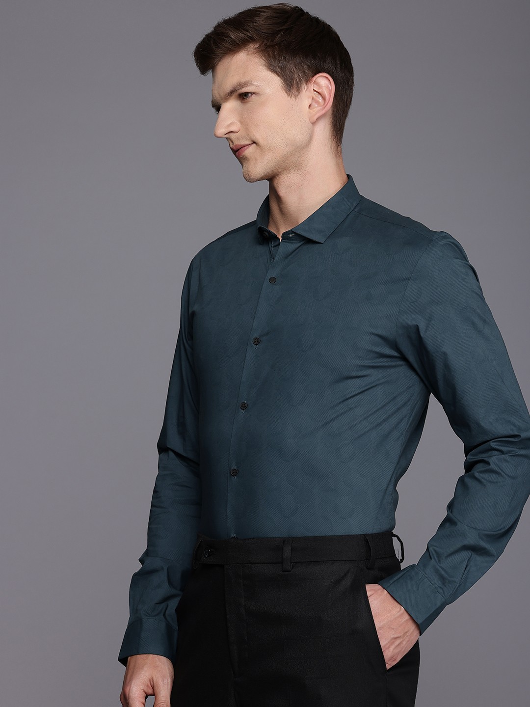 

Louis Philippe Ath.Work Super Slim Fit Pinstriped Semiformal Shirt, Teal
