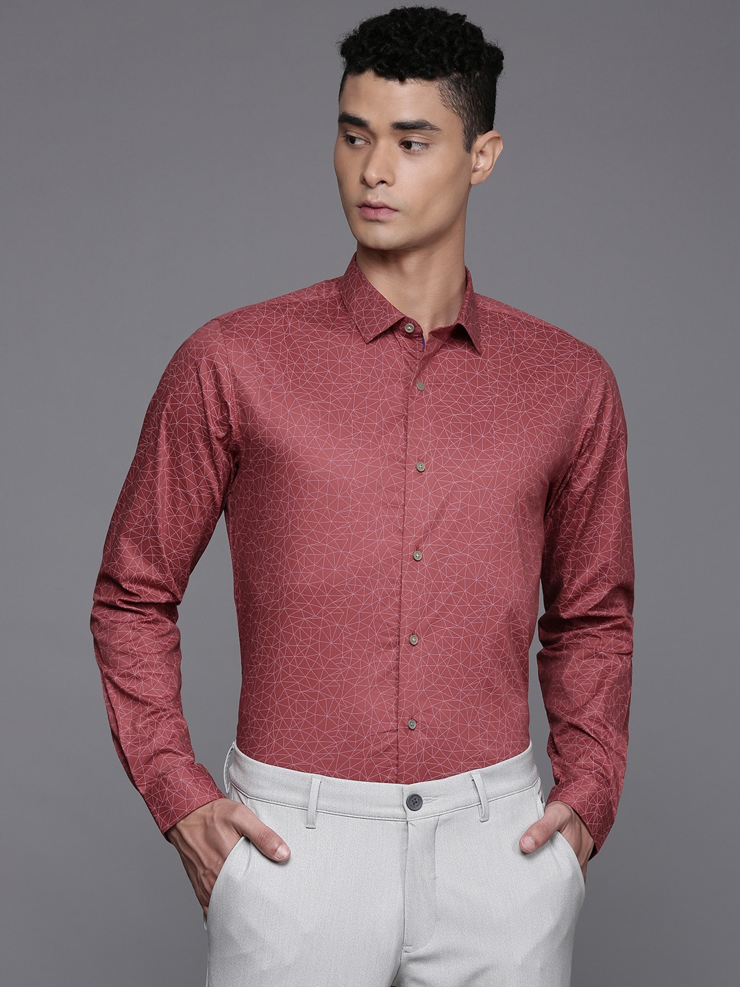 Louis Philippe Ath.Work Geometric Printed Super Slim Fit Opaque Semiformal Shirt, Red