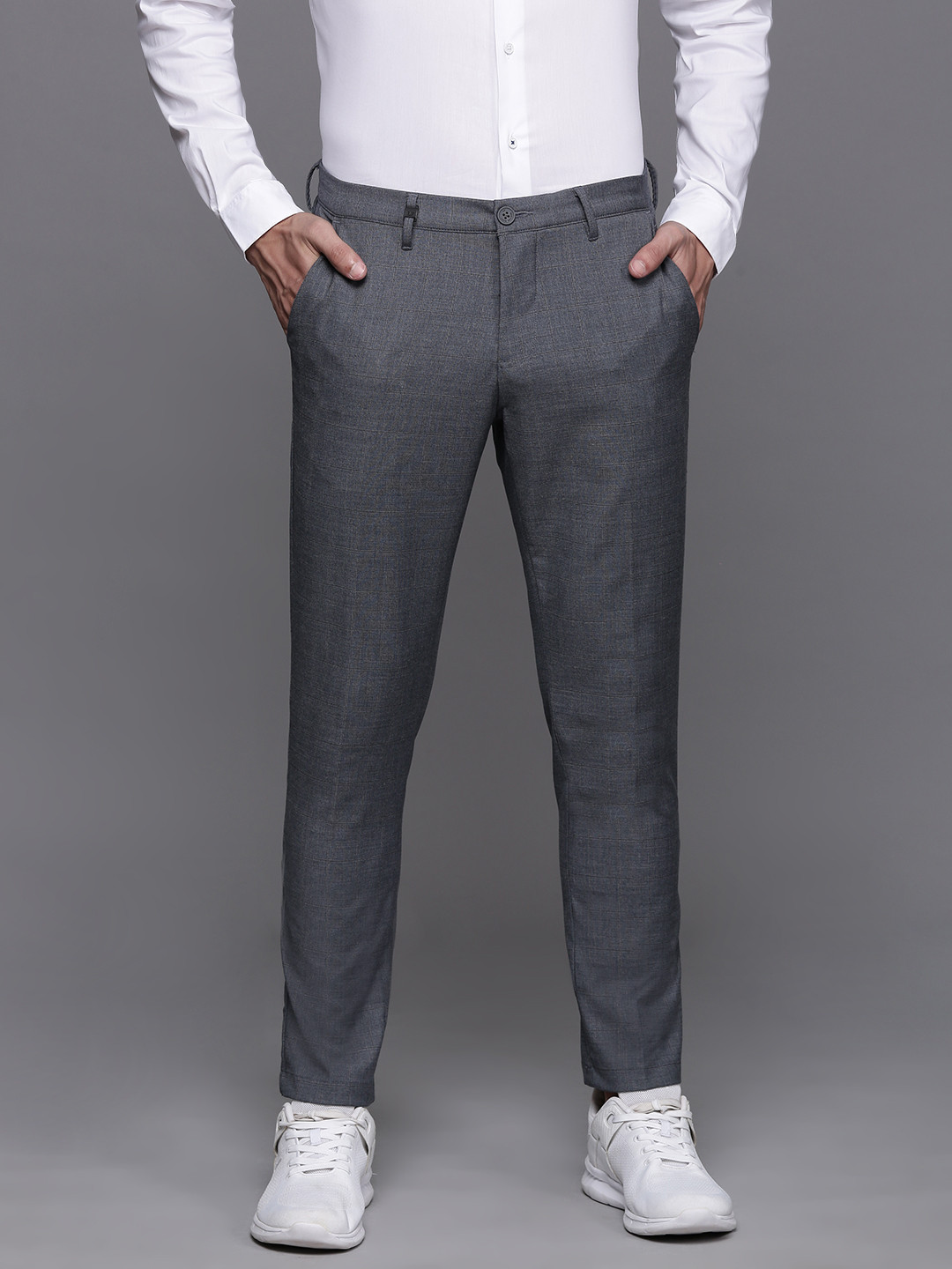 

Louis Philippe Ath.Work Men Checked Comfort Tapered Fit Wrinkle Free Smart Casual Trousers, Charcoal