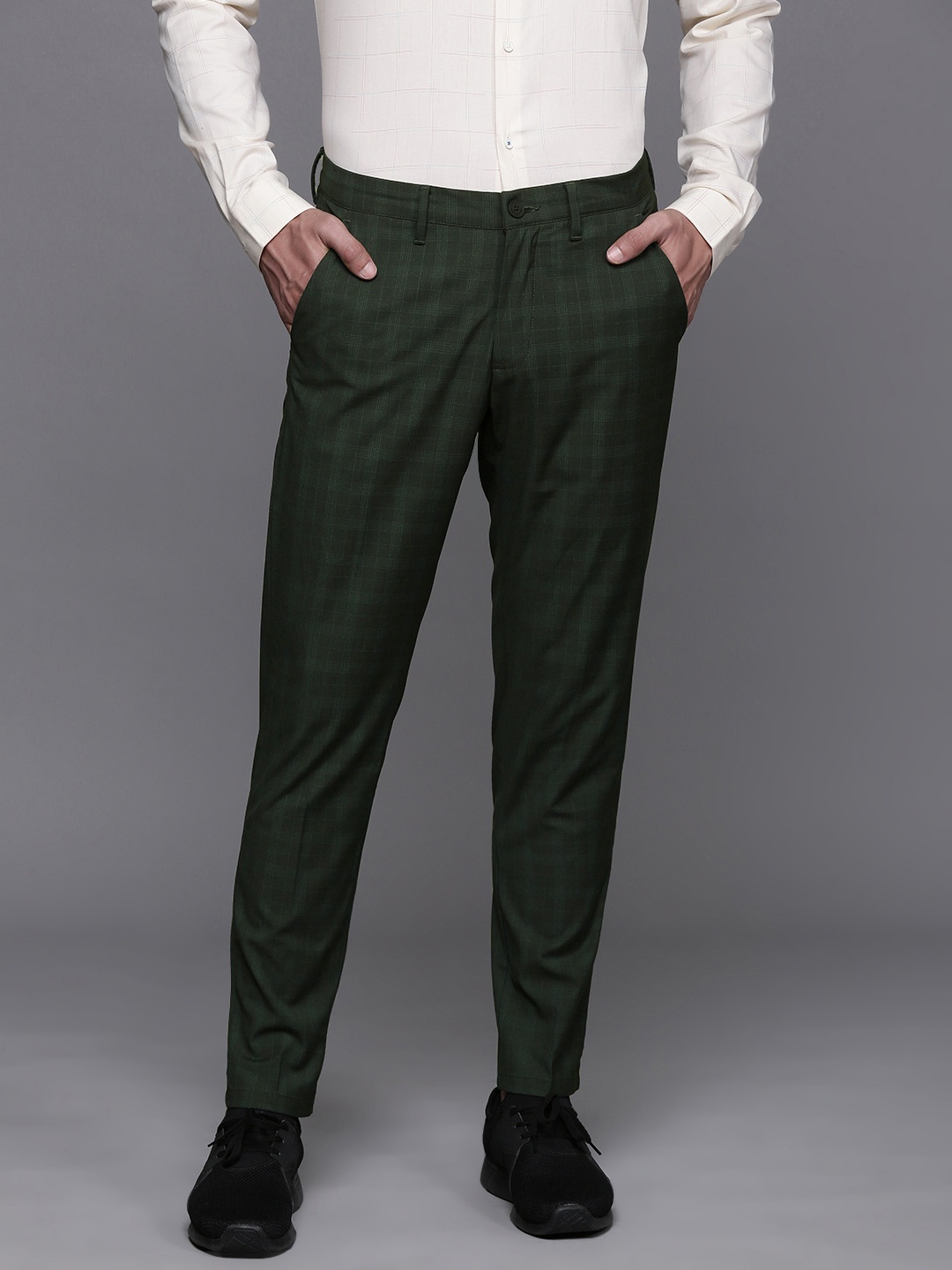 

Louis Philippe Ath.Work Men Checked Comfort Tapered Fit Smart Casual Trousers, Green