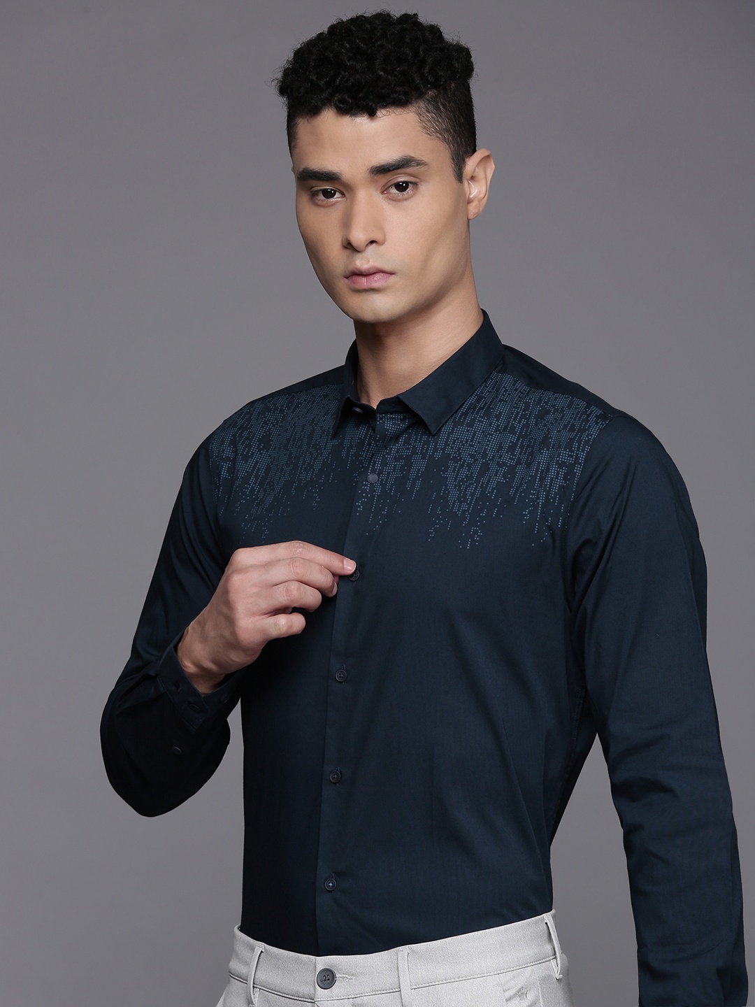 

Louis Philippe Ath.Work Super Slim Fit Opaque Printed Smart Casual Shirt, Navy blue