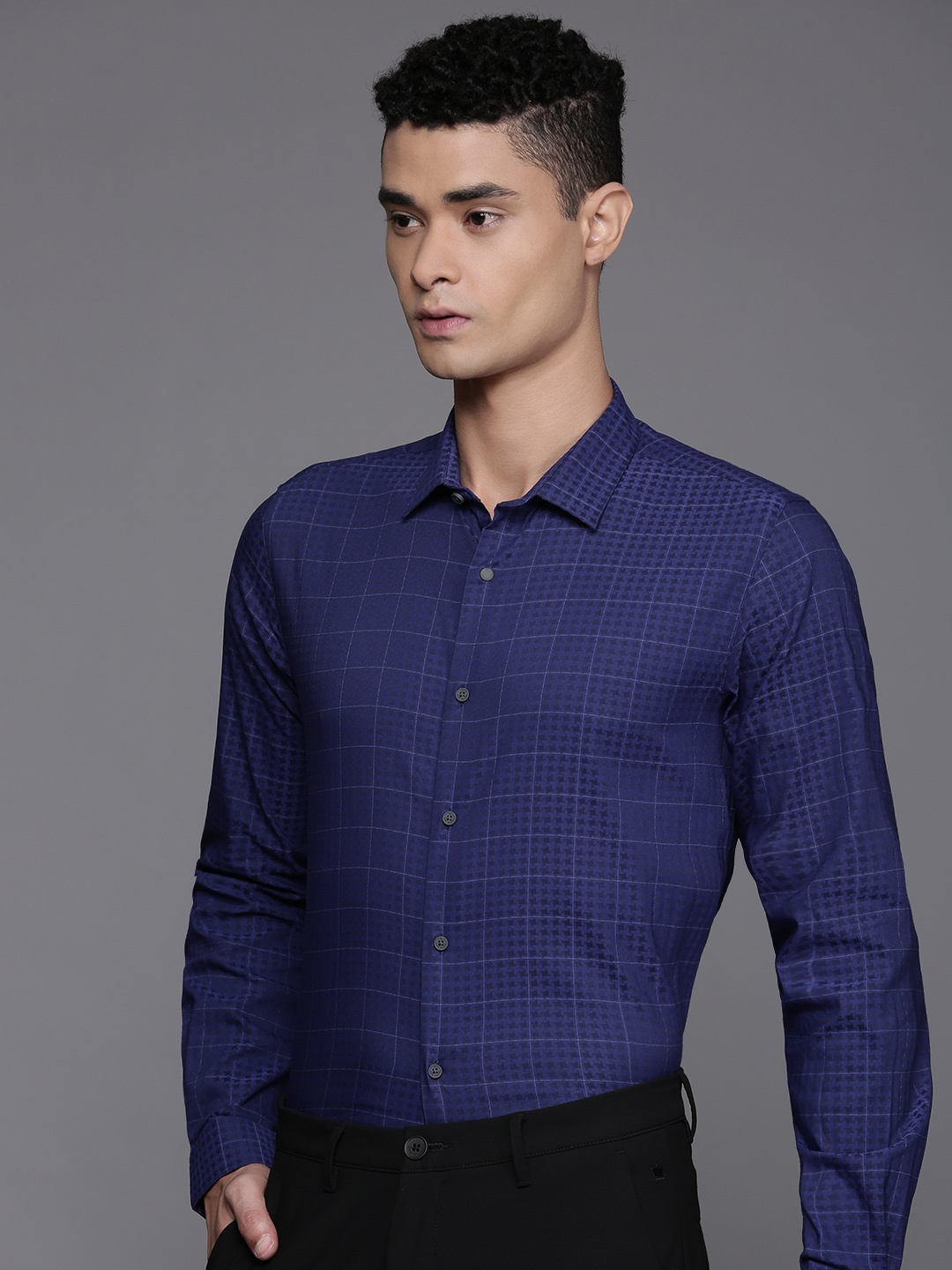 

Louis Philippe Ath.Work Checked Super Slim Fit Opaque Semiformal Shirt, Blue