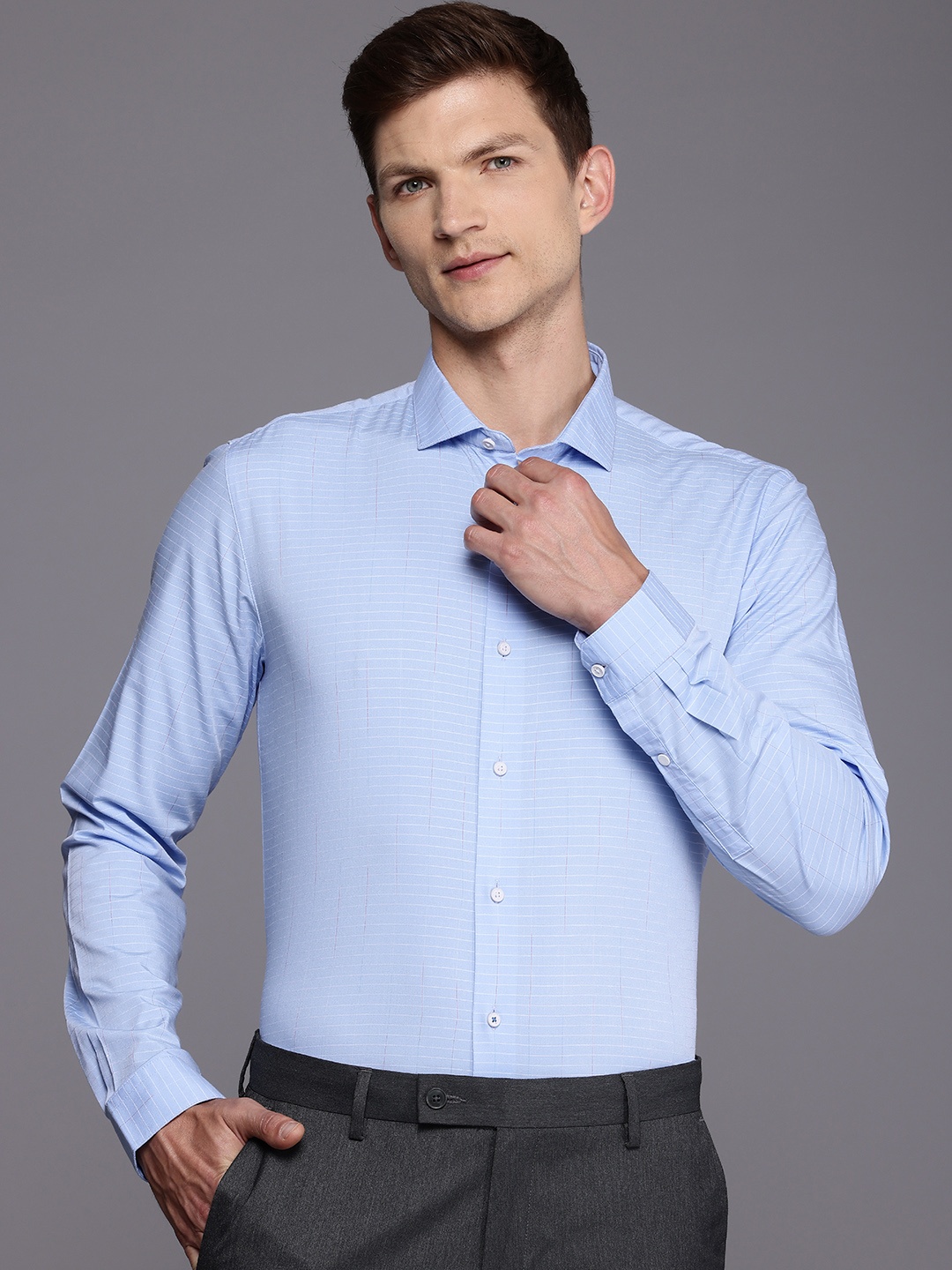 

Louis Philippe Ath.Work Super Slim Fit Horizontal Striped Semiformal Shirt, Blue