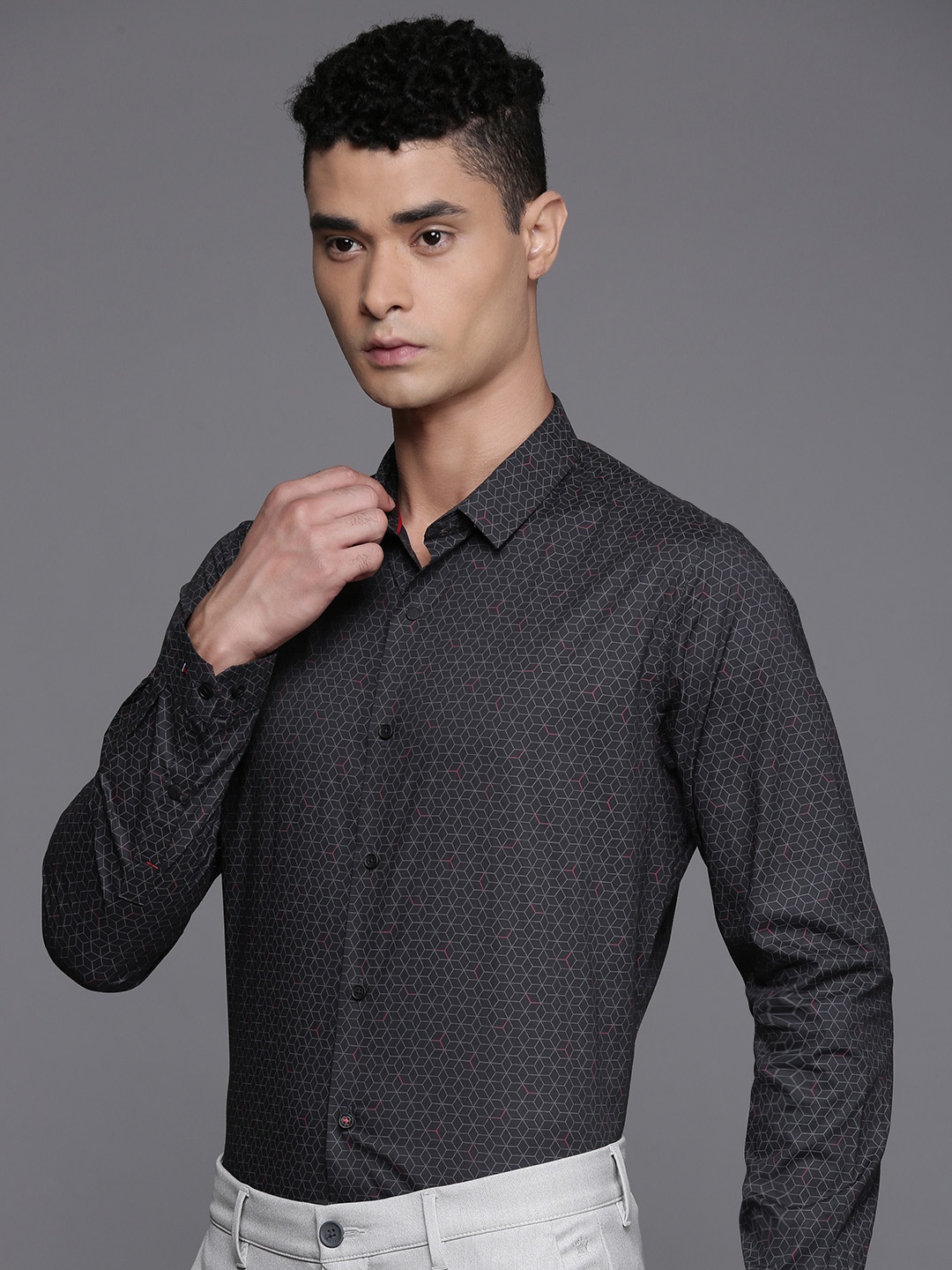 Louis Philippe Ath.Work Super Slim Fit Printed Semiformal Shirt, Charcoal