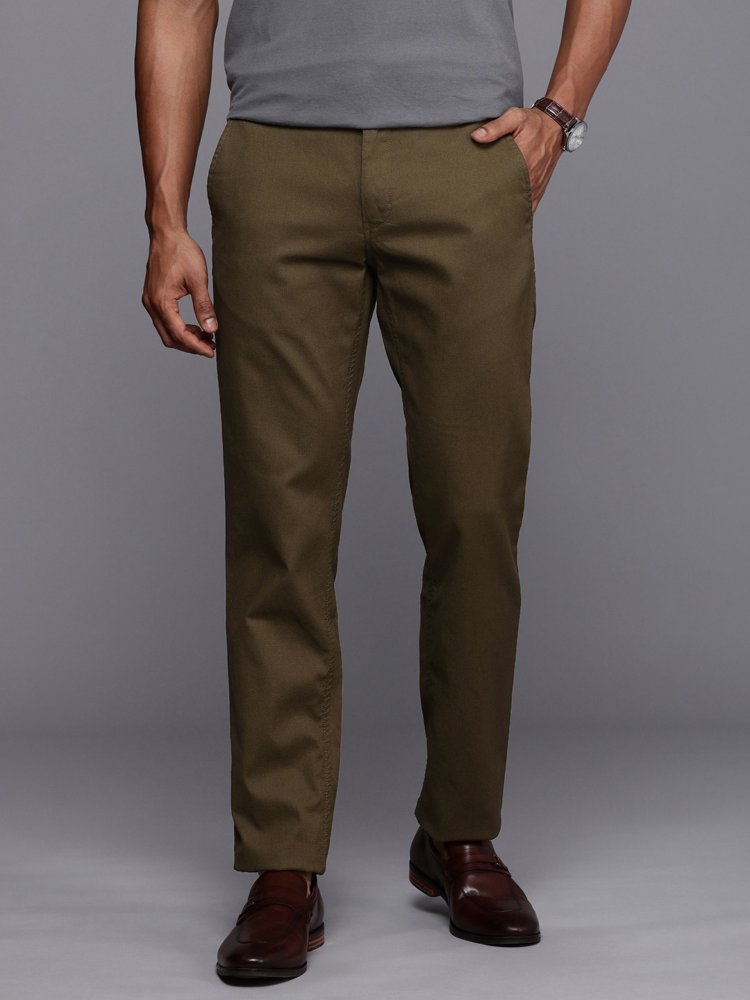 

Louis Philippe Sport Men Textured Tapered Fit Smart Casual Trousers, Olive