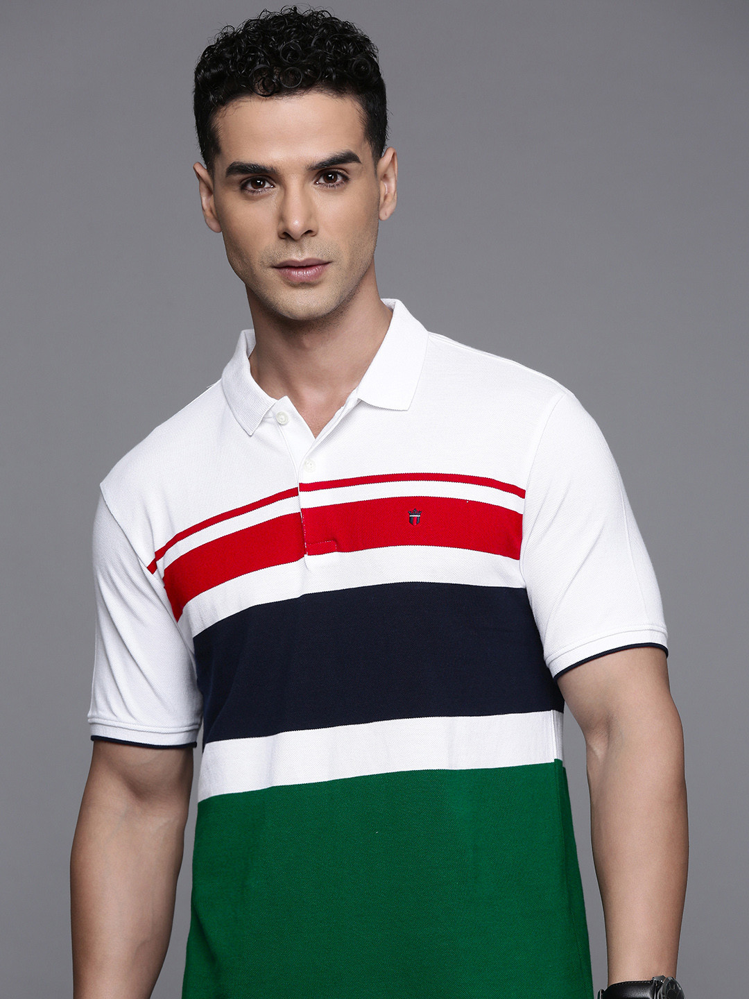 

Louis Philippe Sport Colourblocked Polo Collar Pure Cotton Slim Fit T-shirt, White