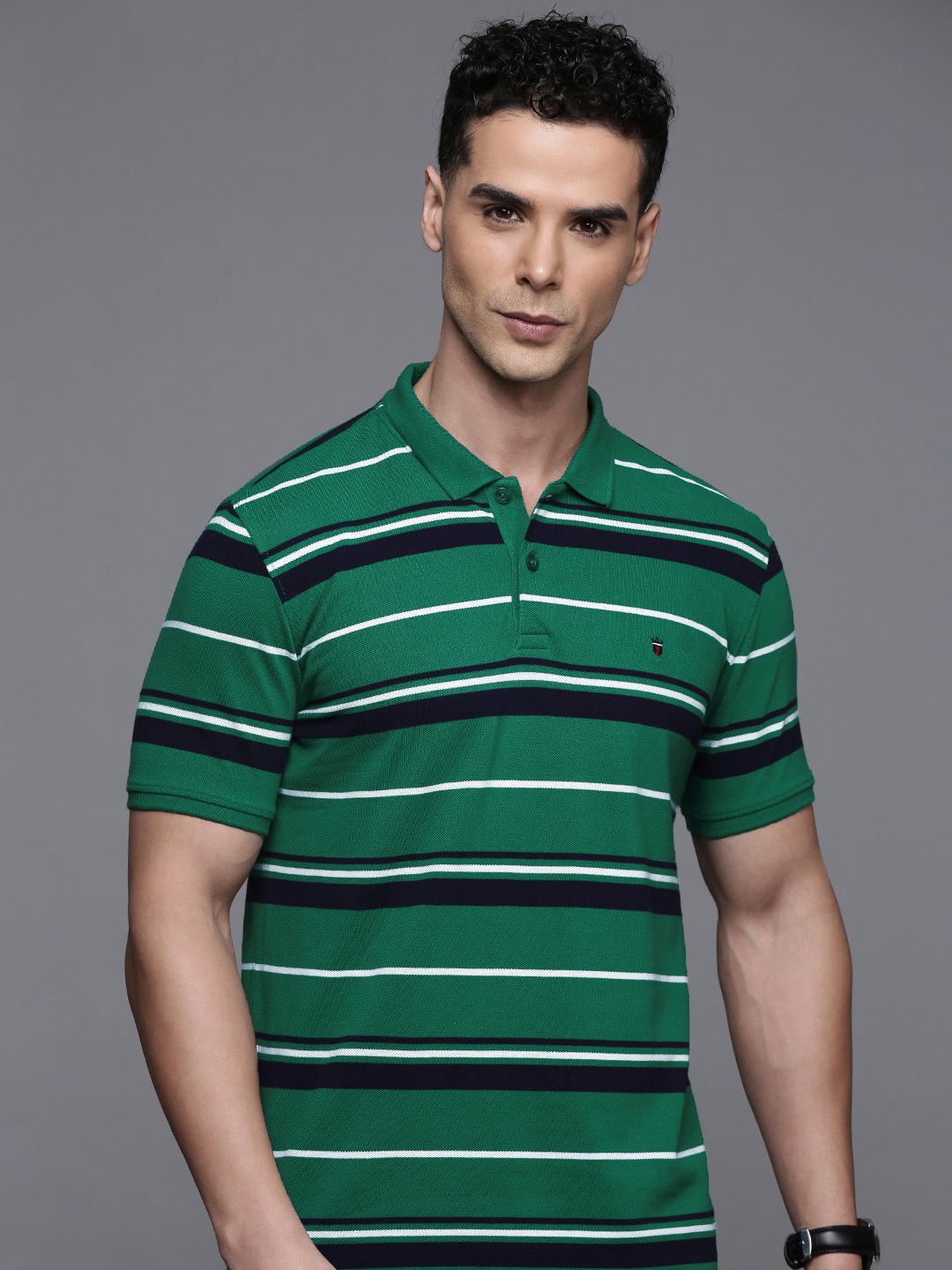 

Louis Philippe Sport Striped Polo Collar Slim Fit T-shirt, Green