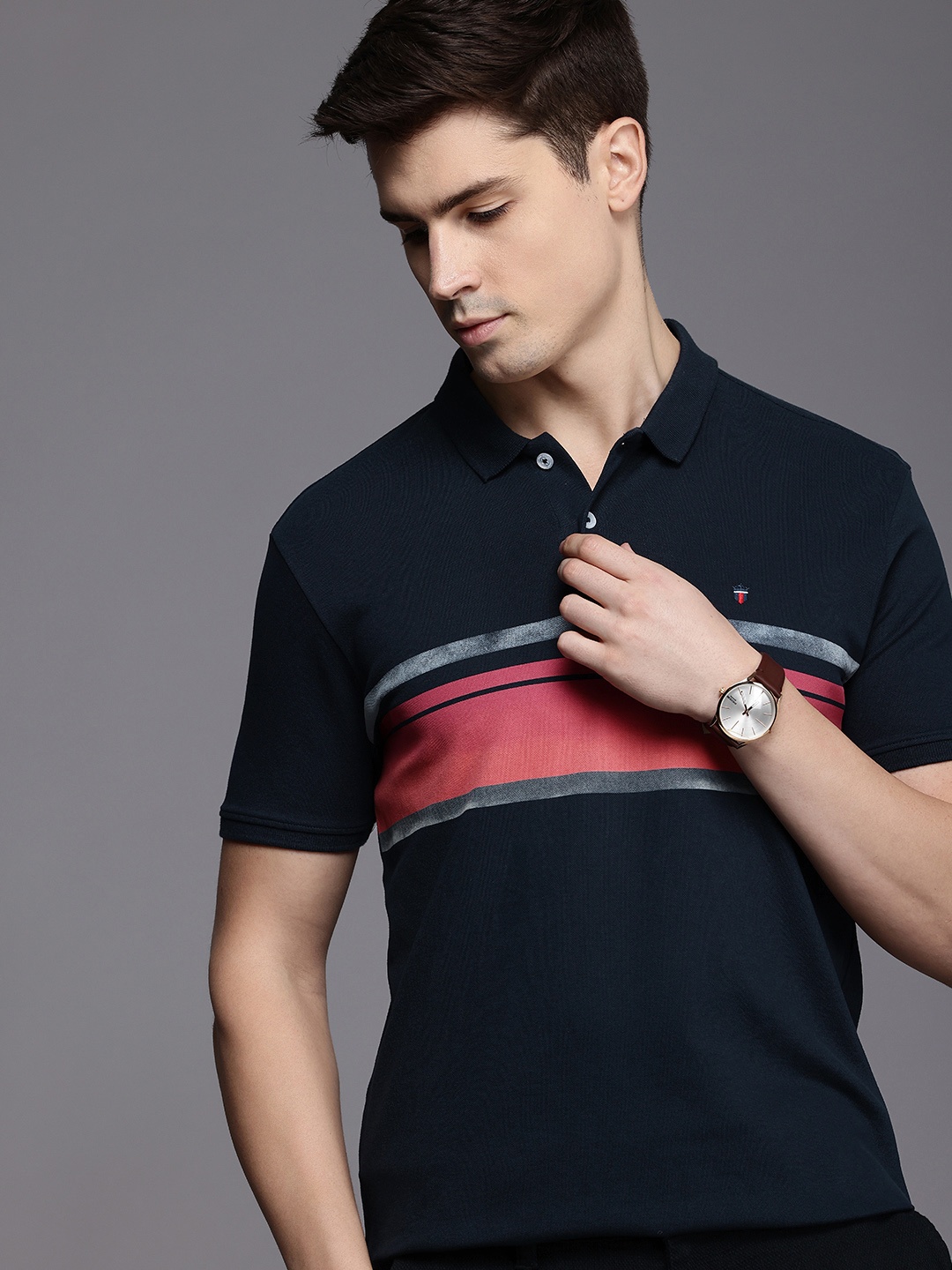 Louis Philippe Sport Striped Polo Collar Slim Fit T-shirt, Navy blue