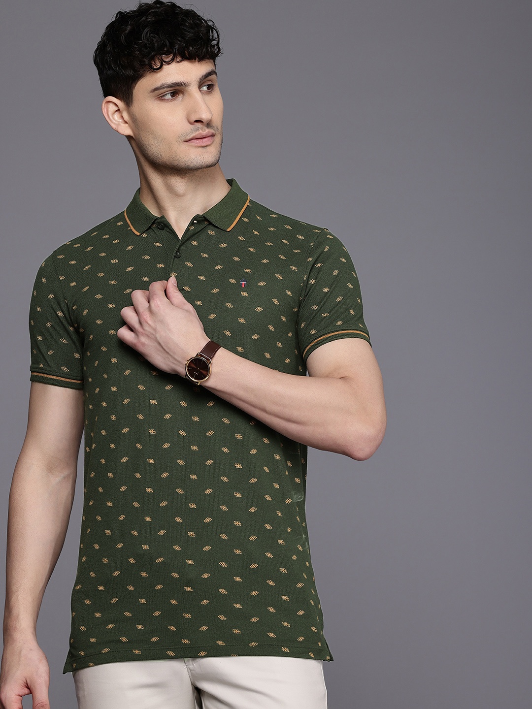 

Louis Philippe Sport Geometric Printed Polo Collar Slim Fit T-shirt, Olive