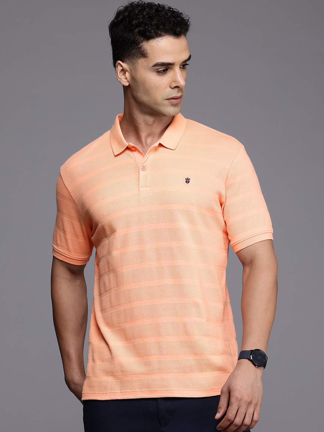 

Louis Philippe Sport Self Design Polo Collar Pure Cotton T-shirt, Peach