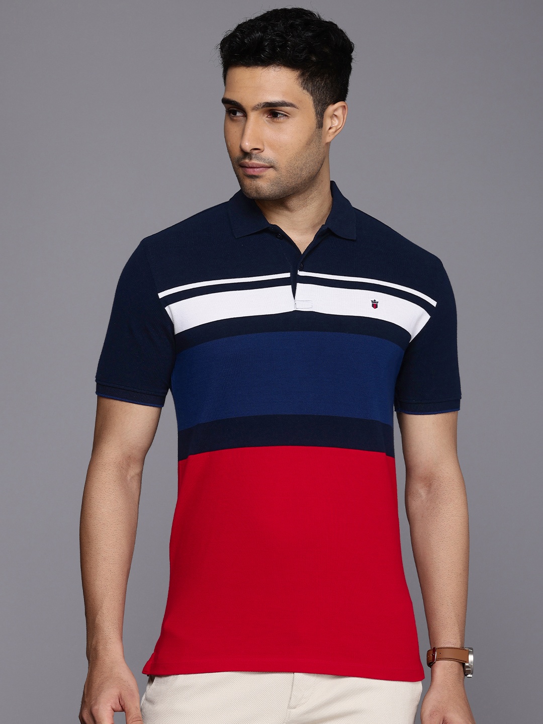 

Louis Philippe Sport Colourblocked Polo Collar Pure Cotton Slim Fit T-shirt, Navy blue