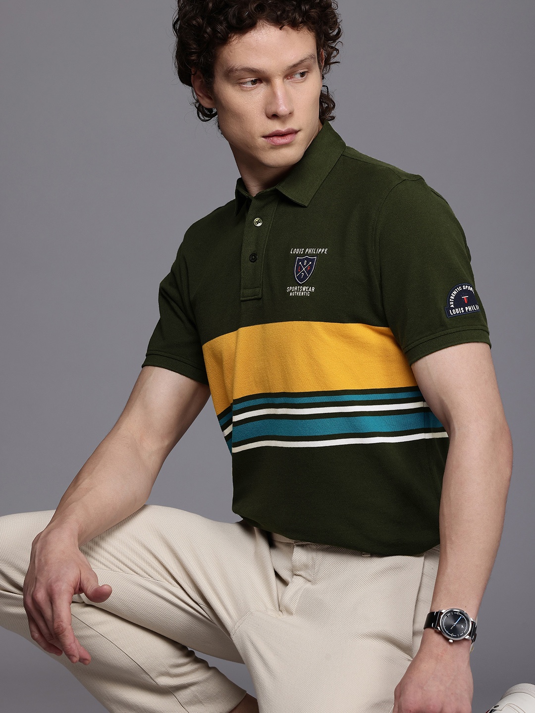 

Louis Philippe Sport Striped Polo Collar Pure Cotton T-shirt, Olive