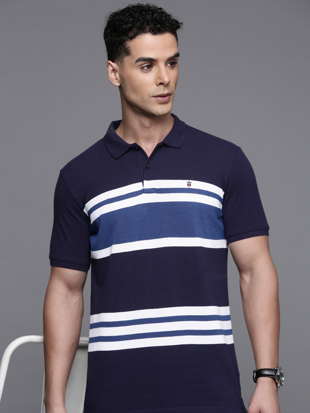 

Louis Philippe Sport Striped Polo Collar Slim Fit T-shirt, Navy blue