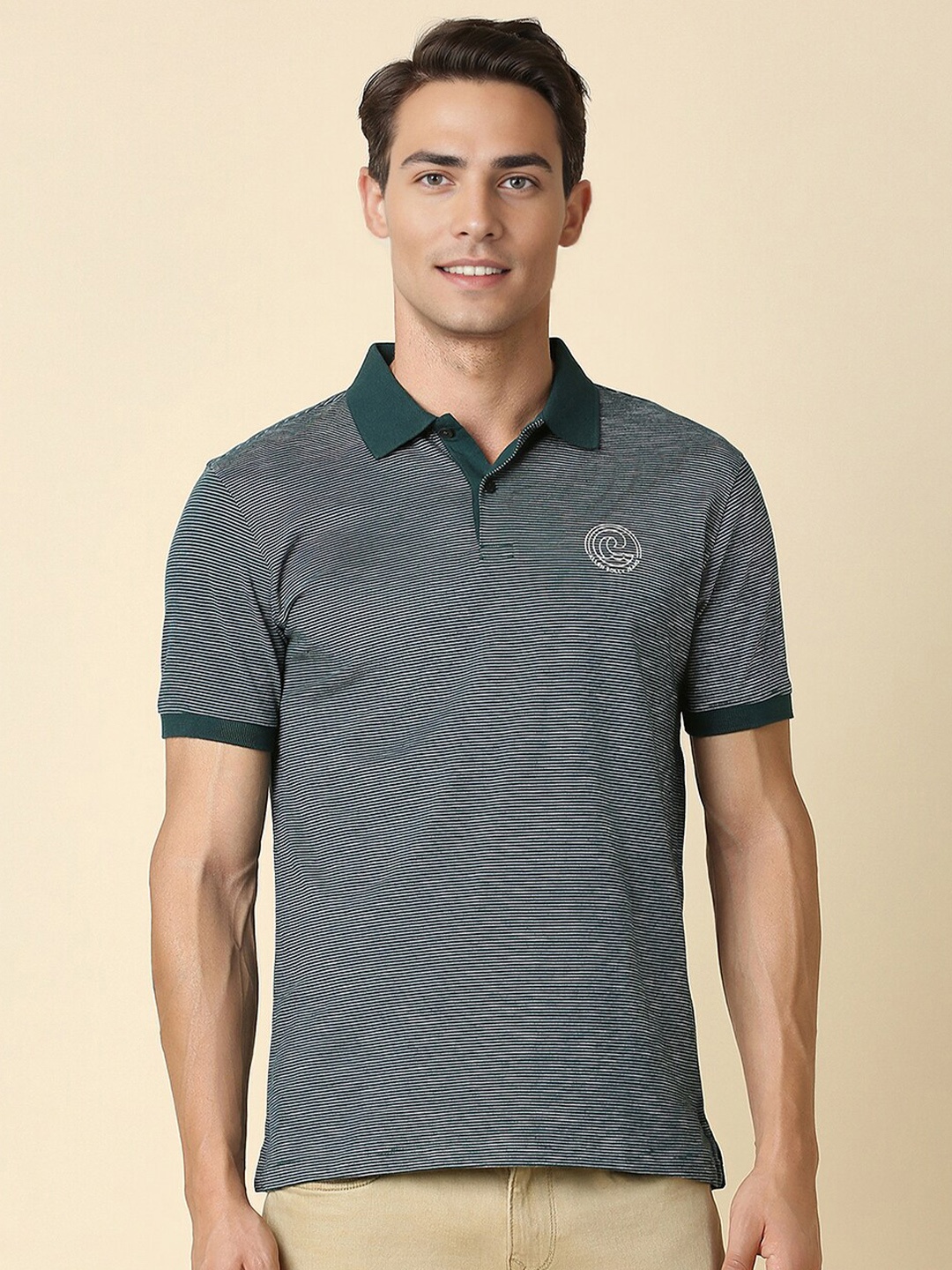 

Allen Solly Polo Collar Striped Printed Cotton T-shirt, Green