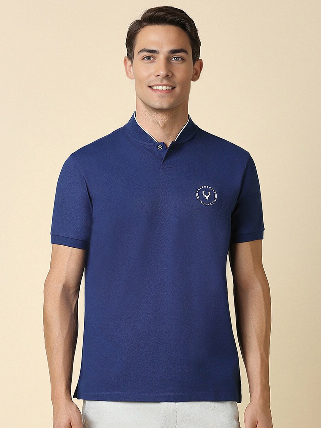 

Allen Solly Mandarin Collar Cotton Regular Fit T-shirt, Navy blue
